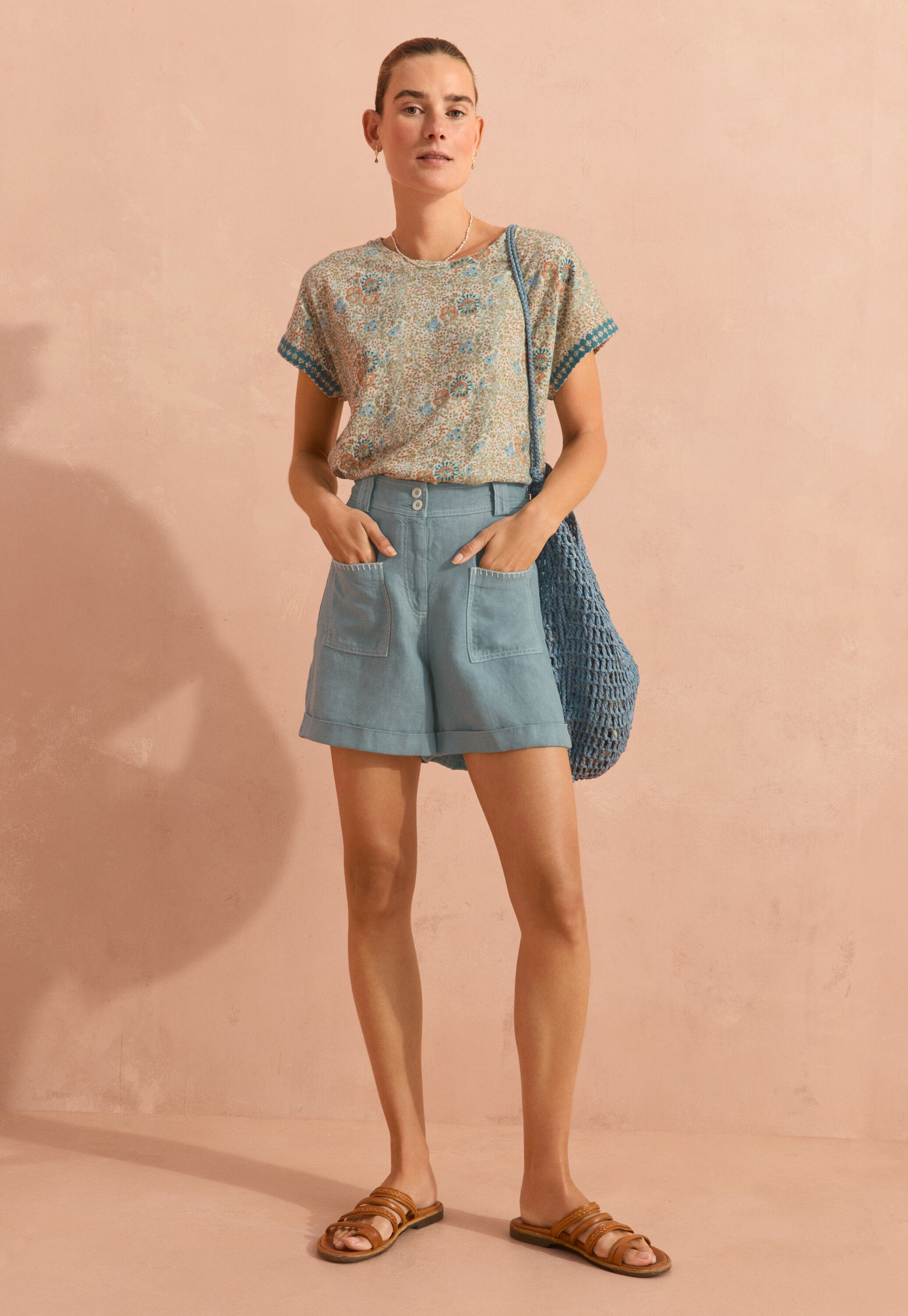 Printed embroidered-detail top