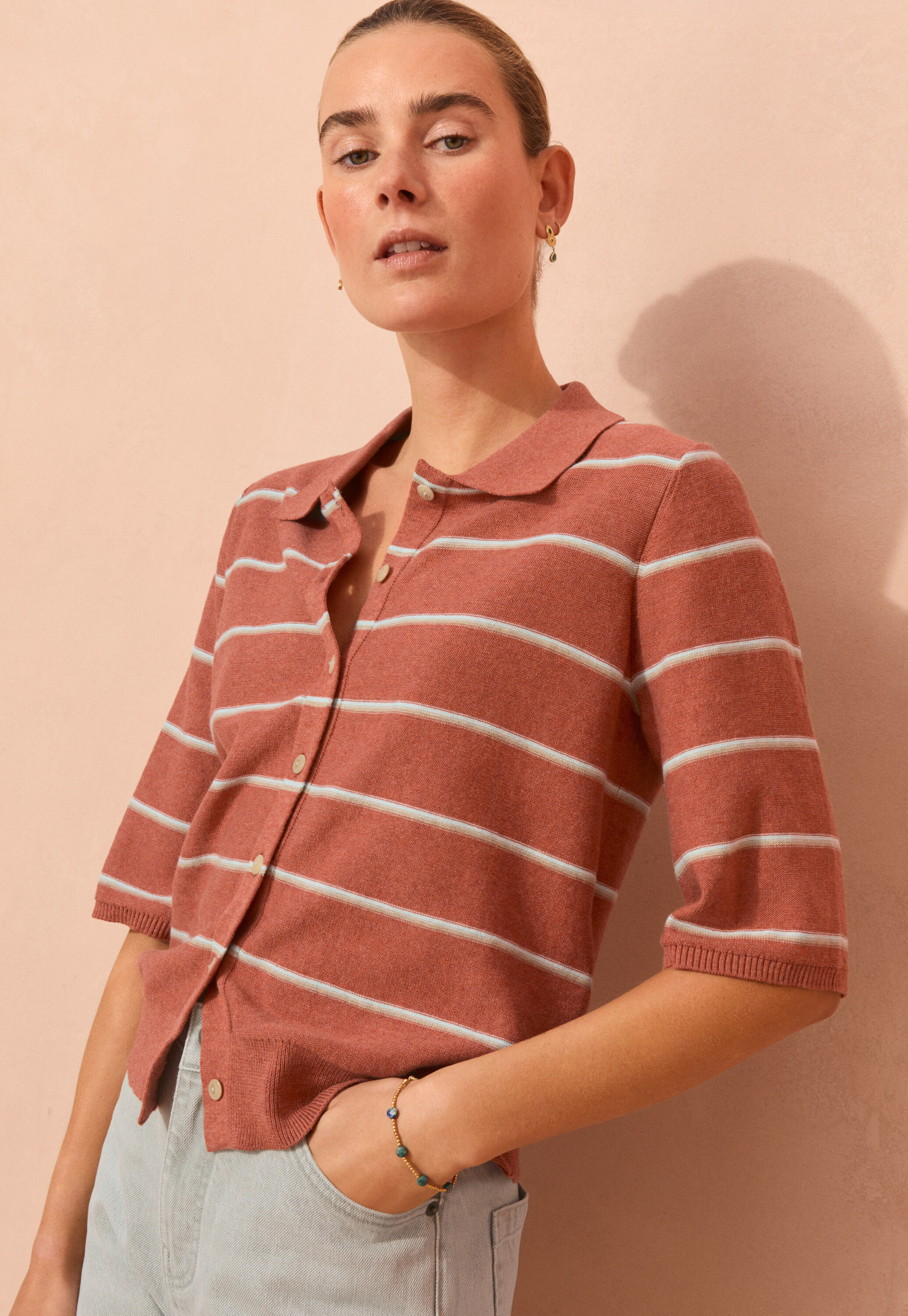 Striped collared cardigan