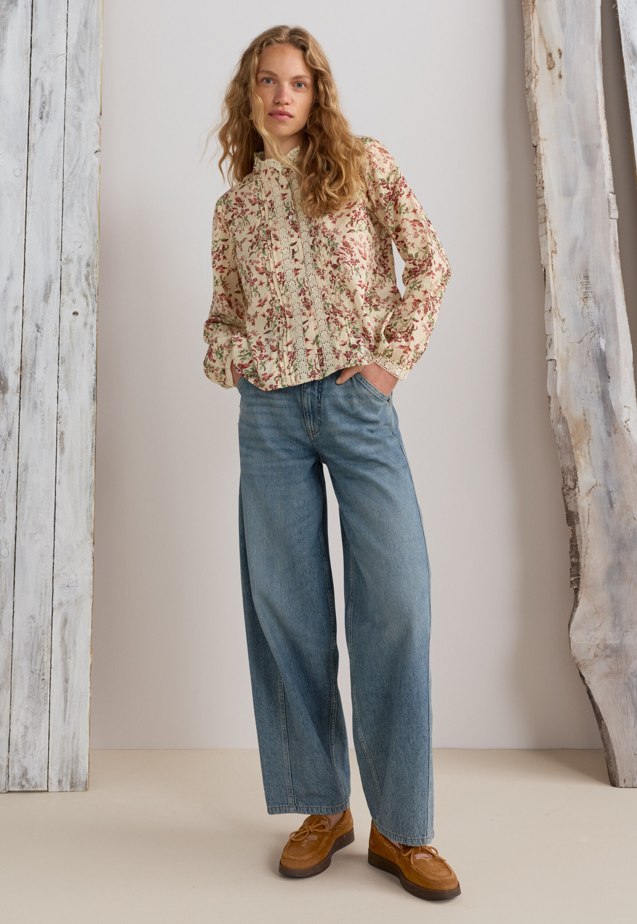 Printed lace detail blouse, Ecru burgundy, large