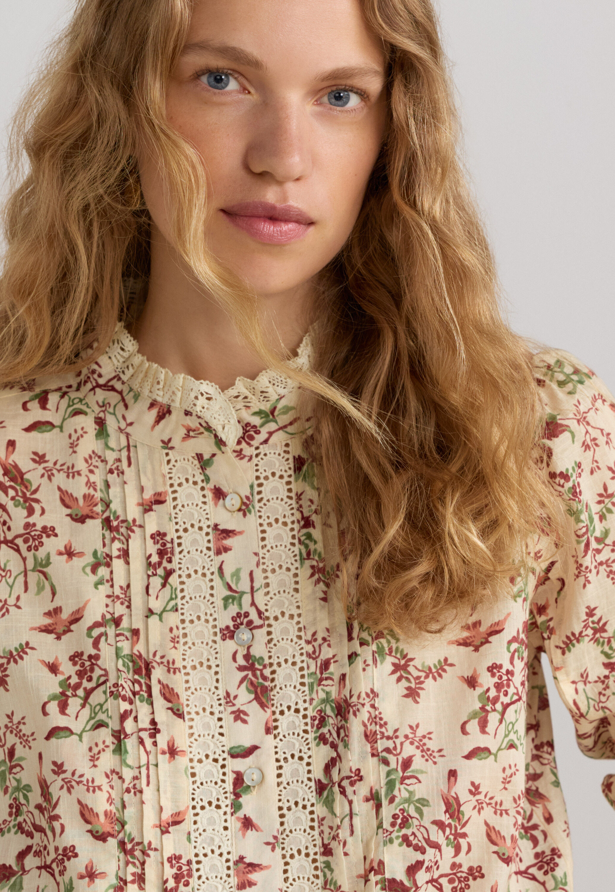 Printed lace detail blouse, Ecru burgundy, large