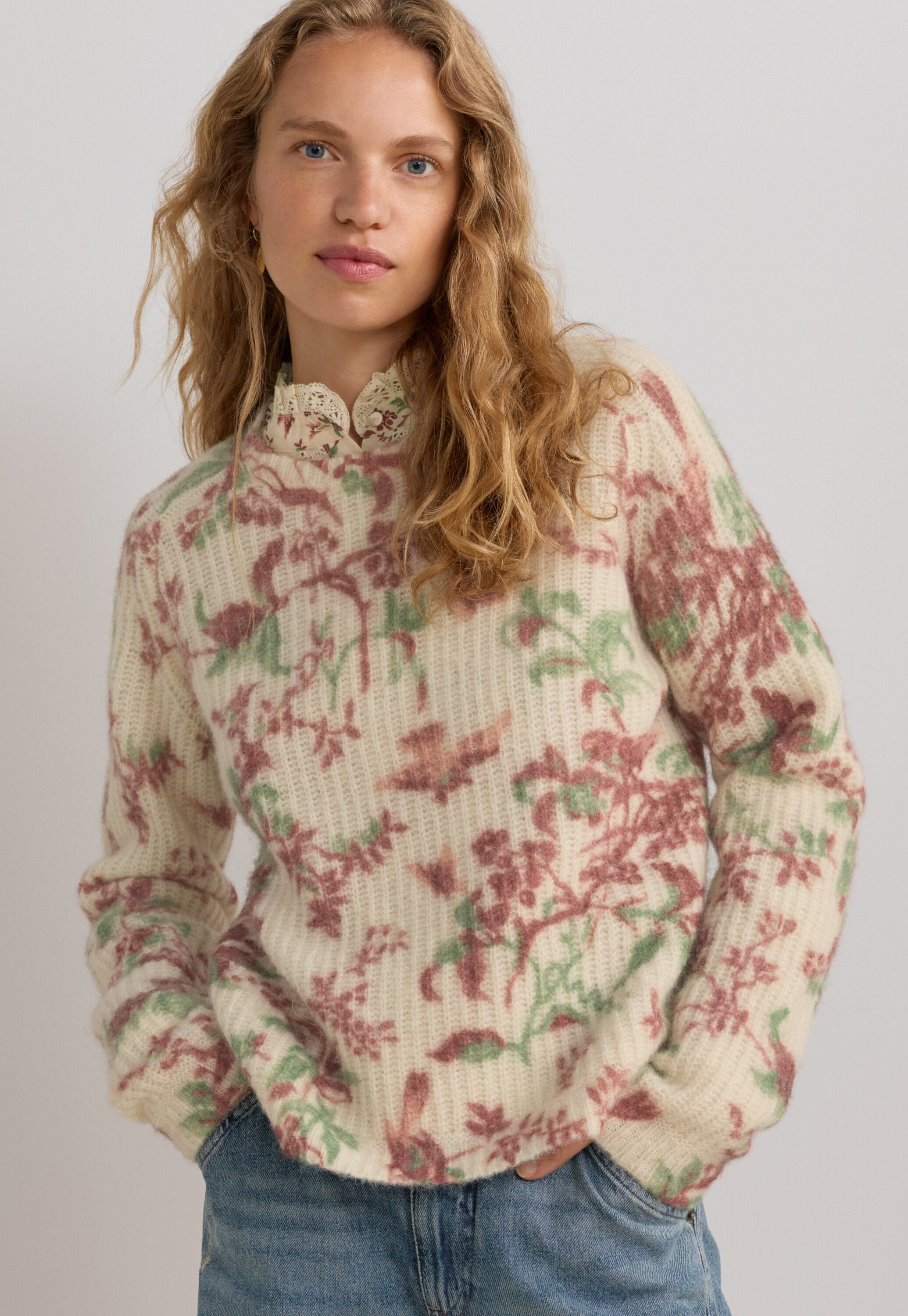 Printed rib-stitch sweater, Ecru burgundy, large