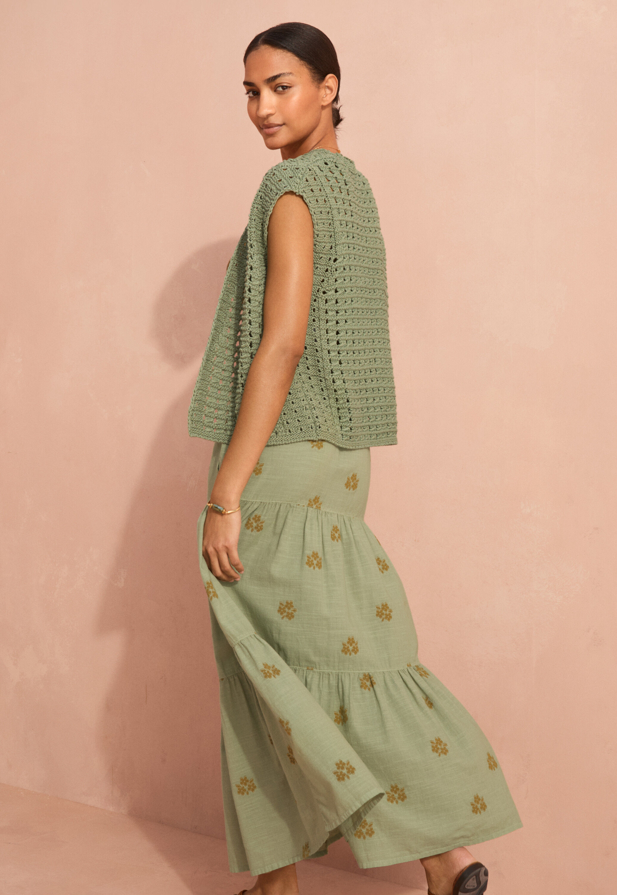 Crochet-stitch waistcoat, Soft sage, large