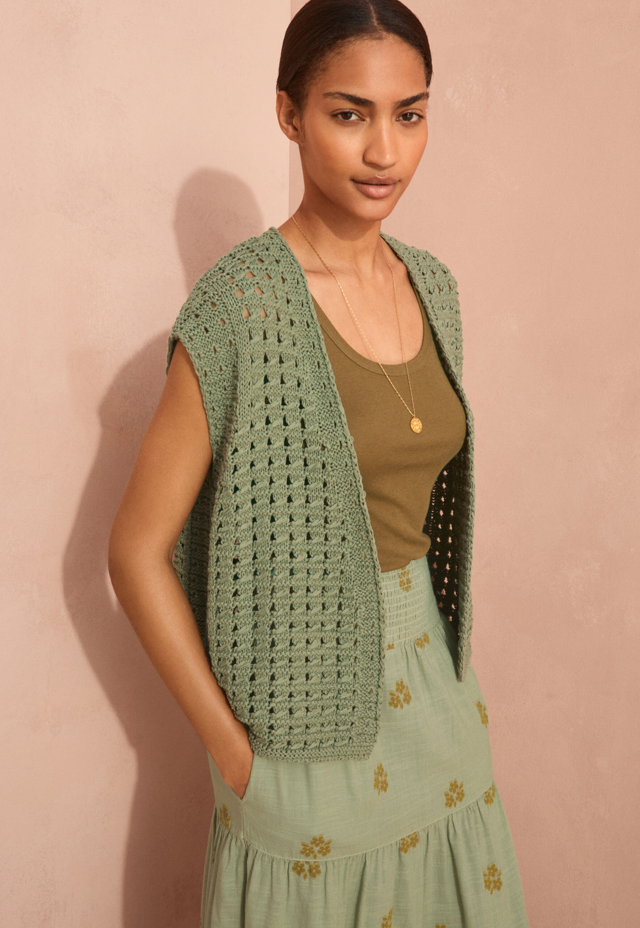 Crochet-stitch waistcoat, Soft sage, large