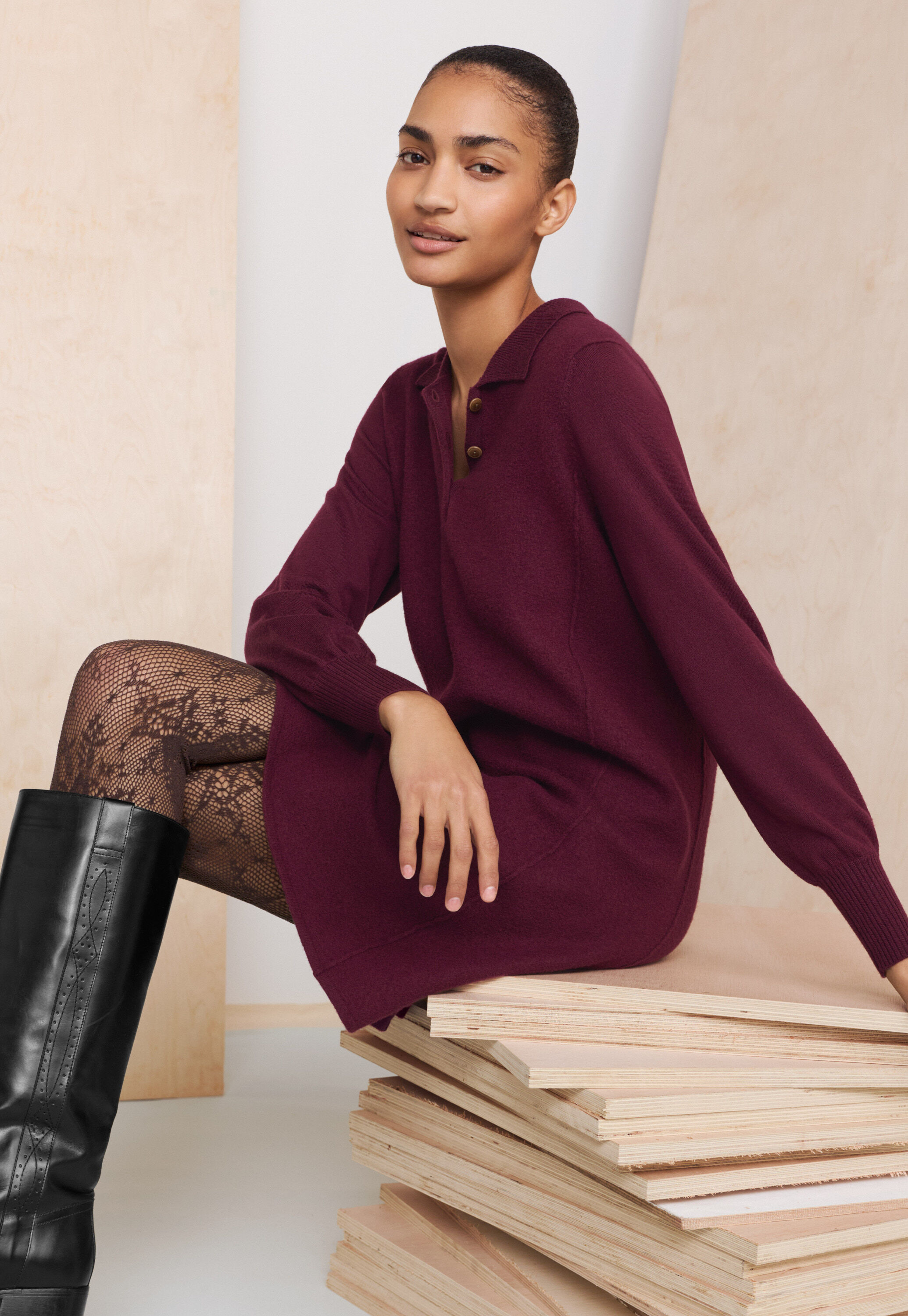 Collared dress, Burgundy, large