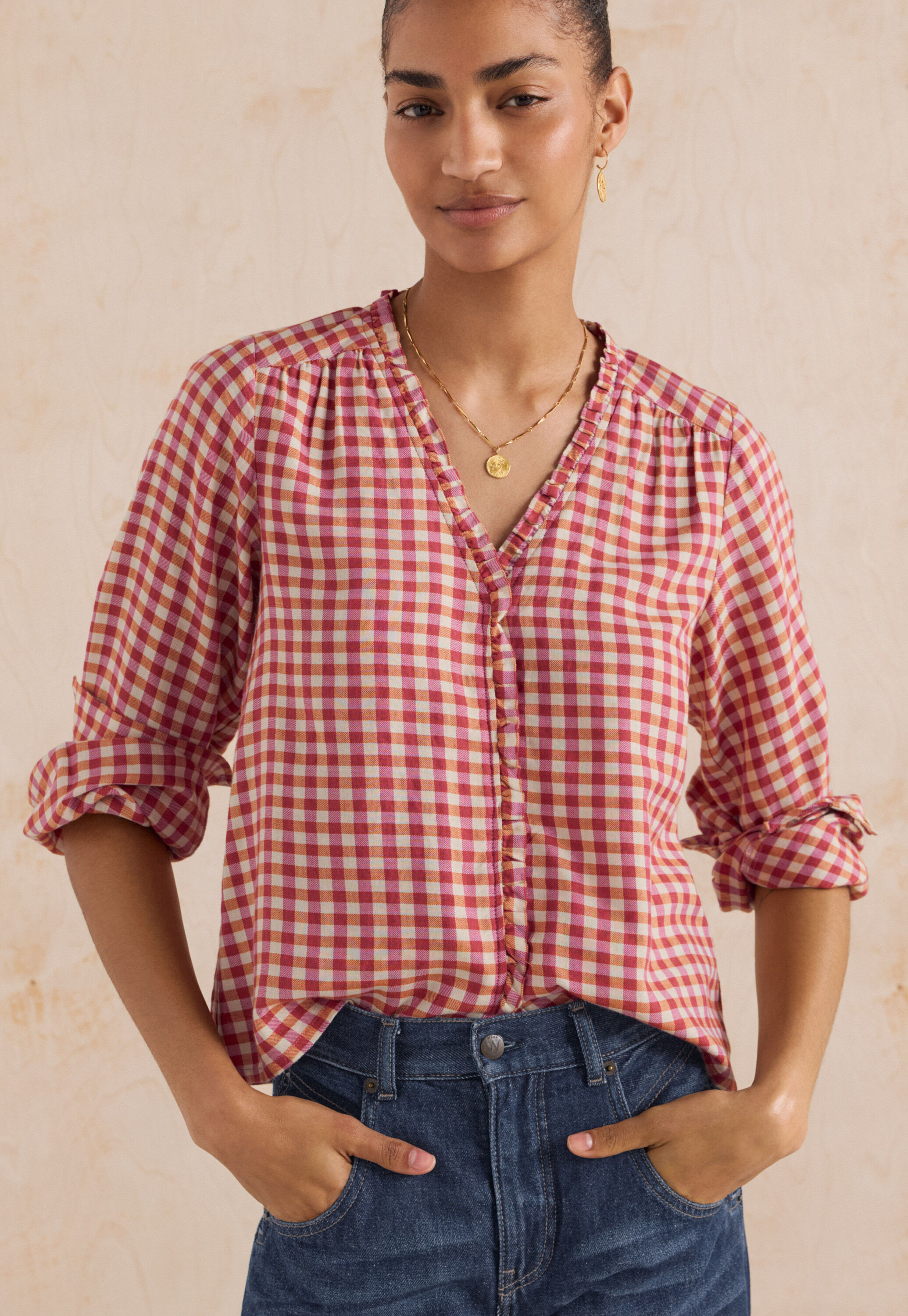 Frill gingham blouse, Berry orange, large