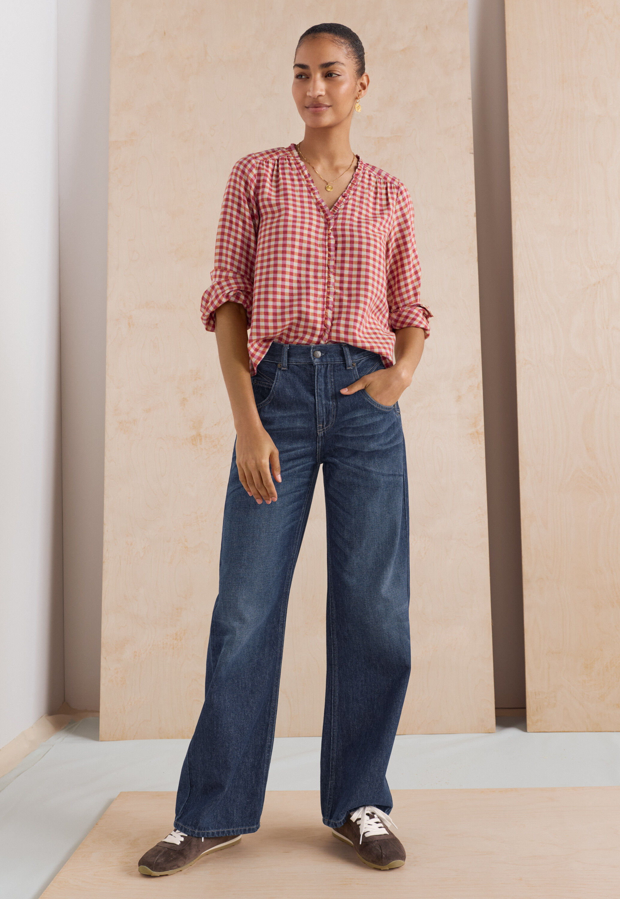 Frill gingham blouse, Berry orange, large