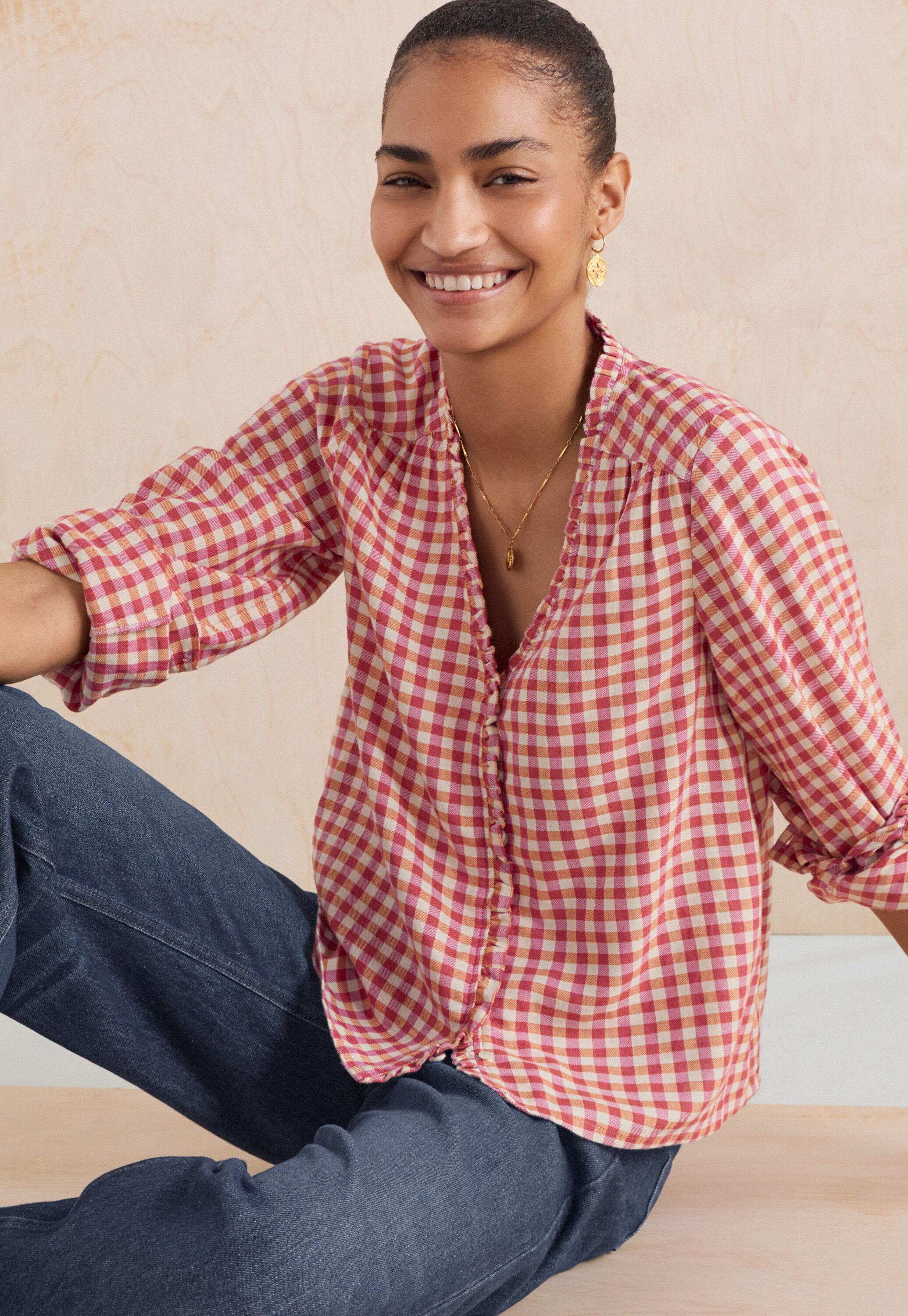 Frill gingham blouse
