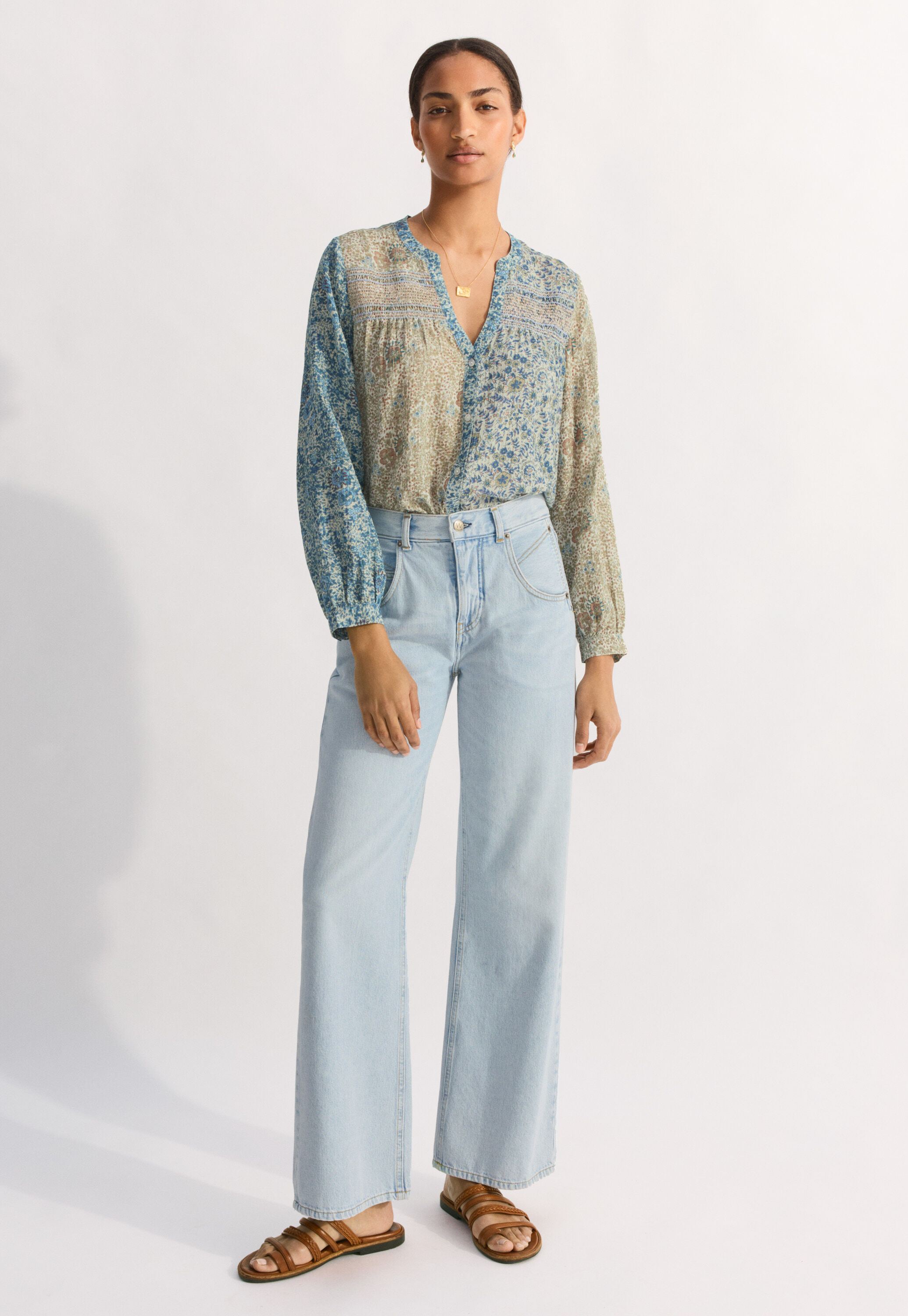 Printed shirring blouse