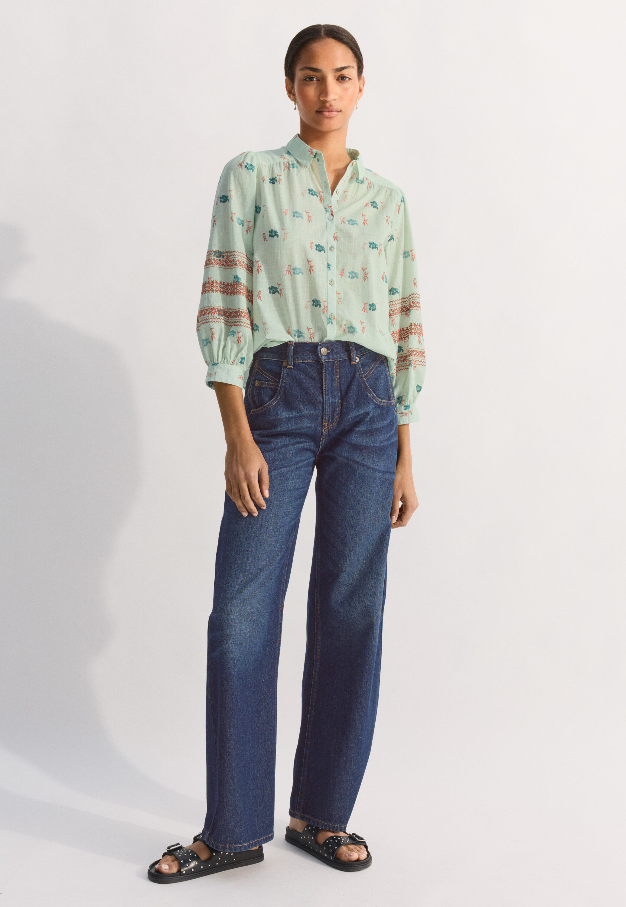Embroidered printed blouse, Ice green, large