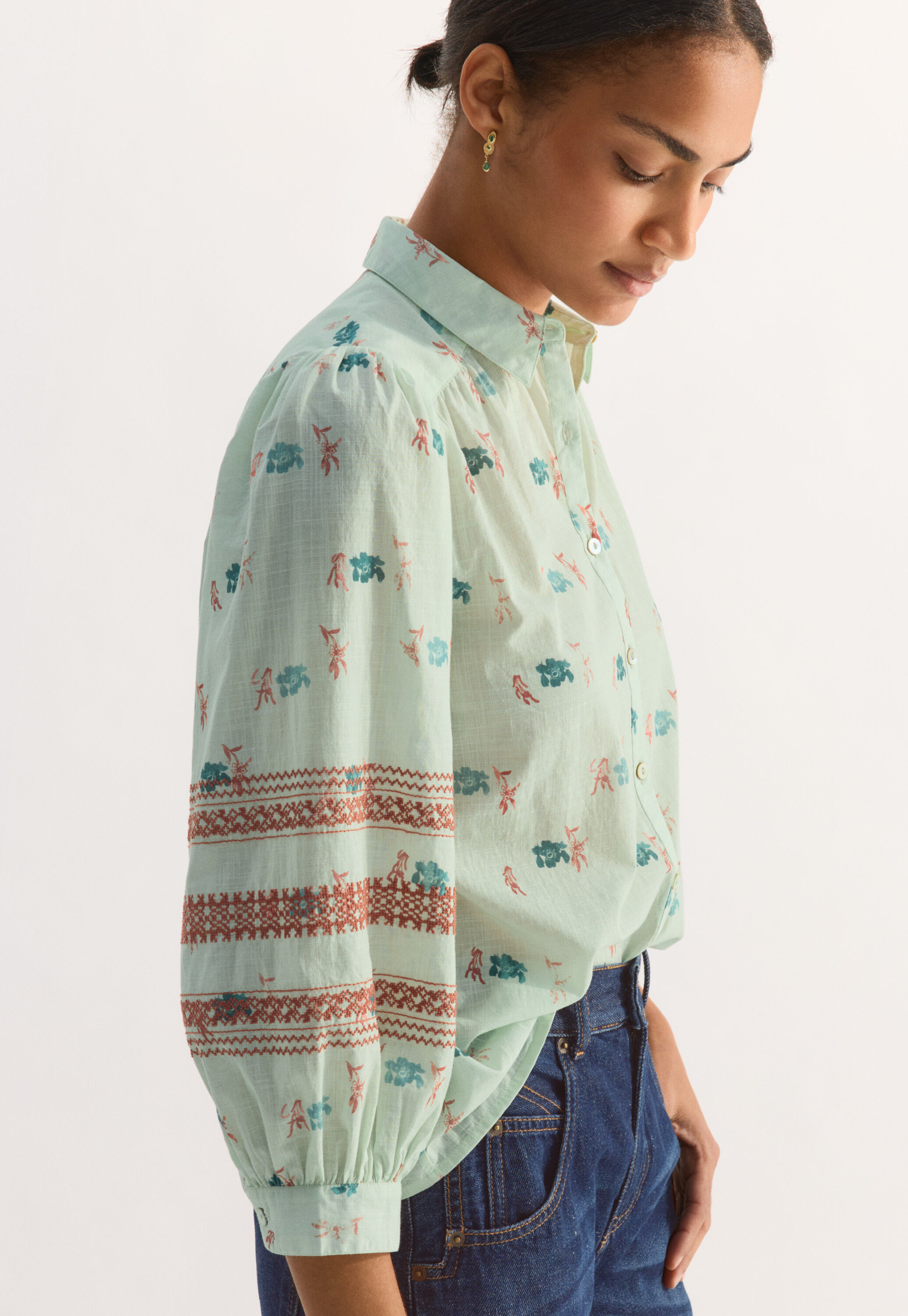 Embroidered printed blouse, Ice green, large