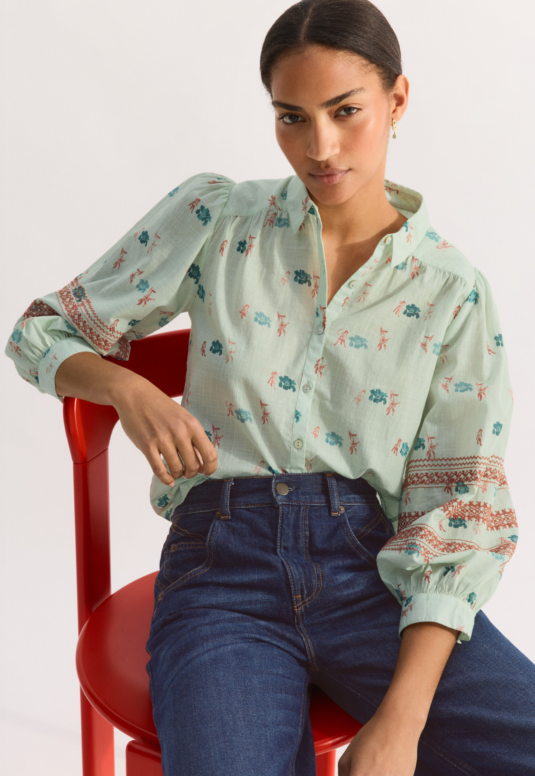 Embroidered printed blouse, Ice green, large