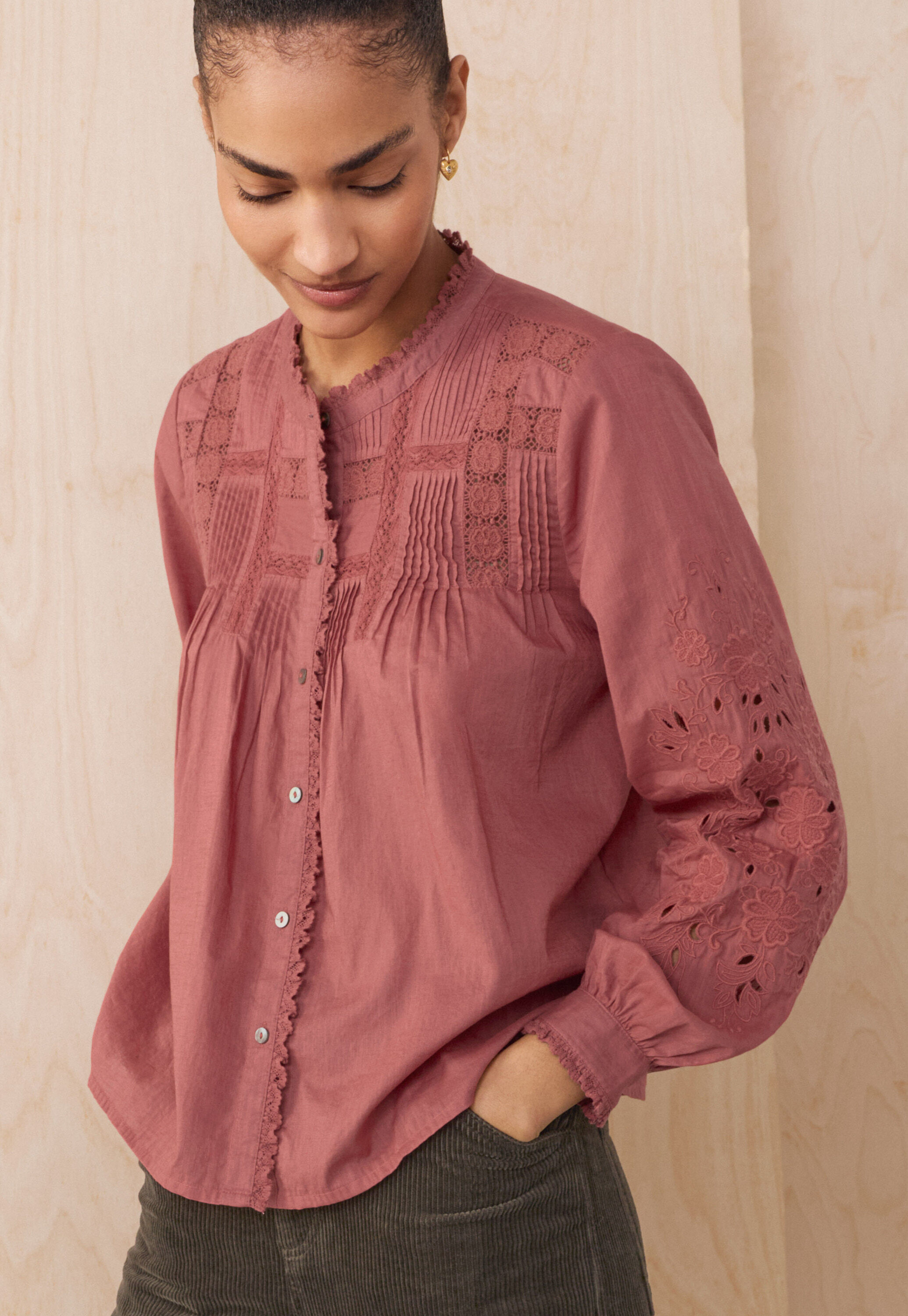 Lace pintuck blouse, Pink raspberry, large