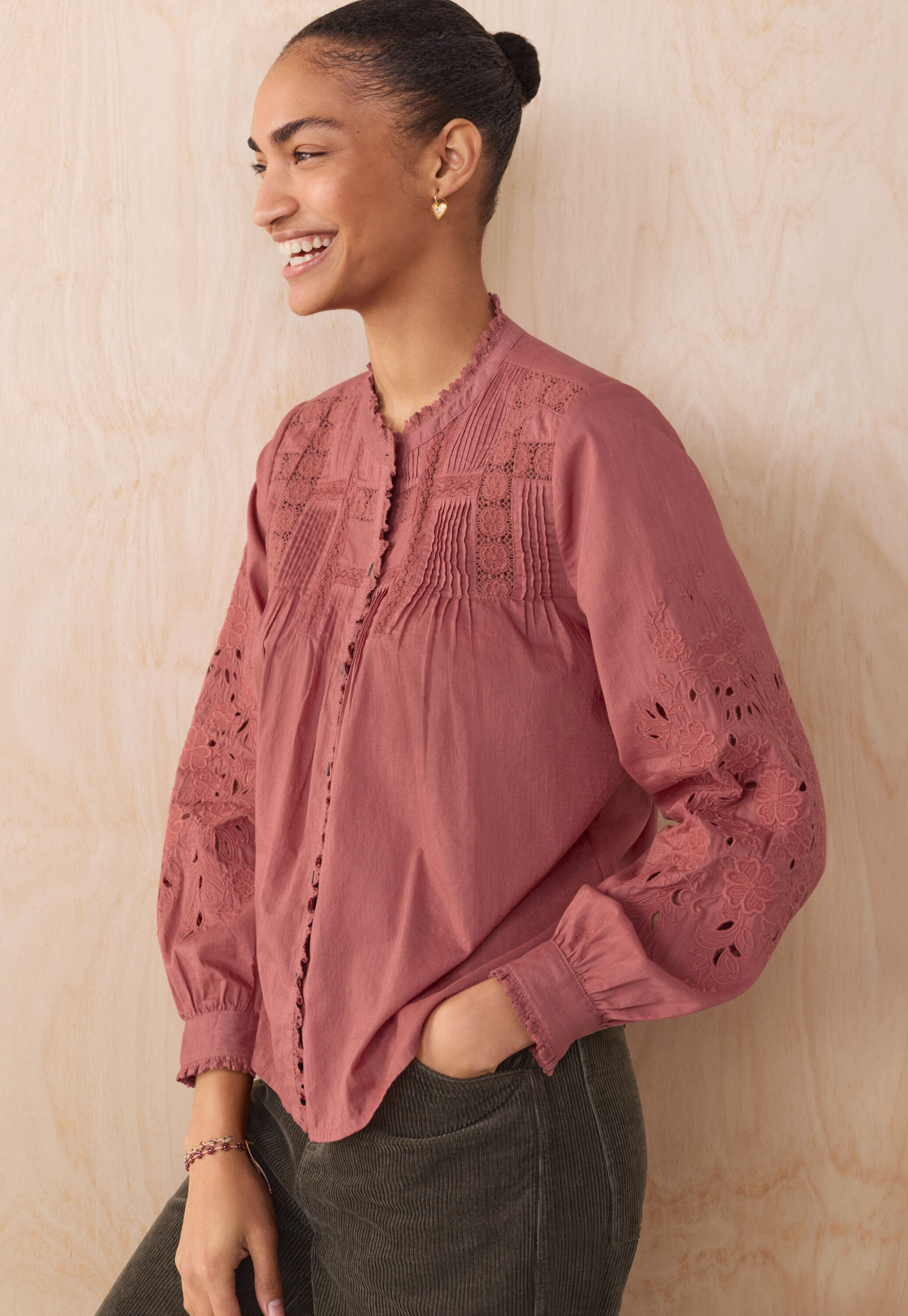 Lace pintuck blouse, Pink raspberry, large