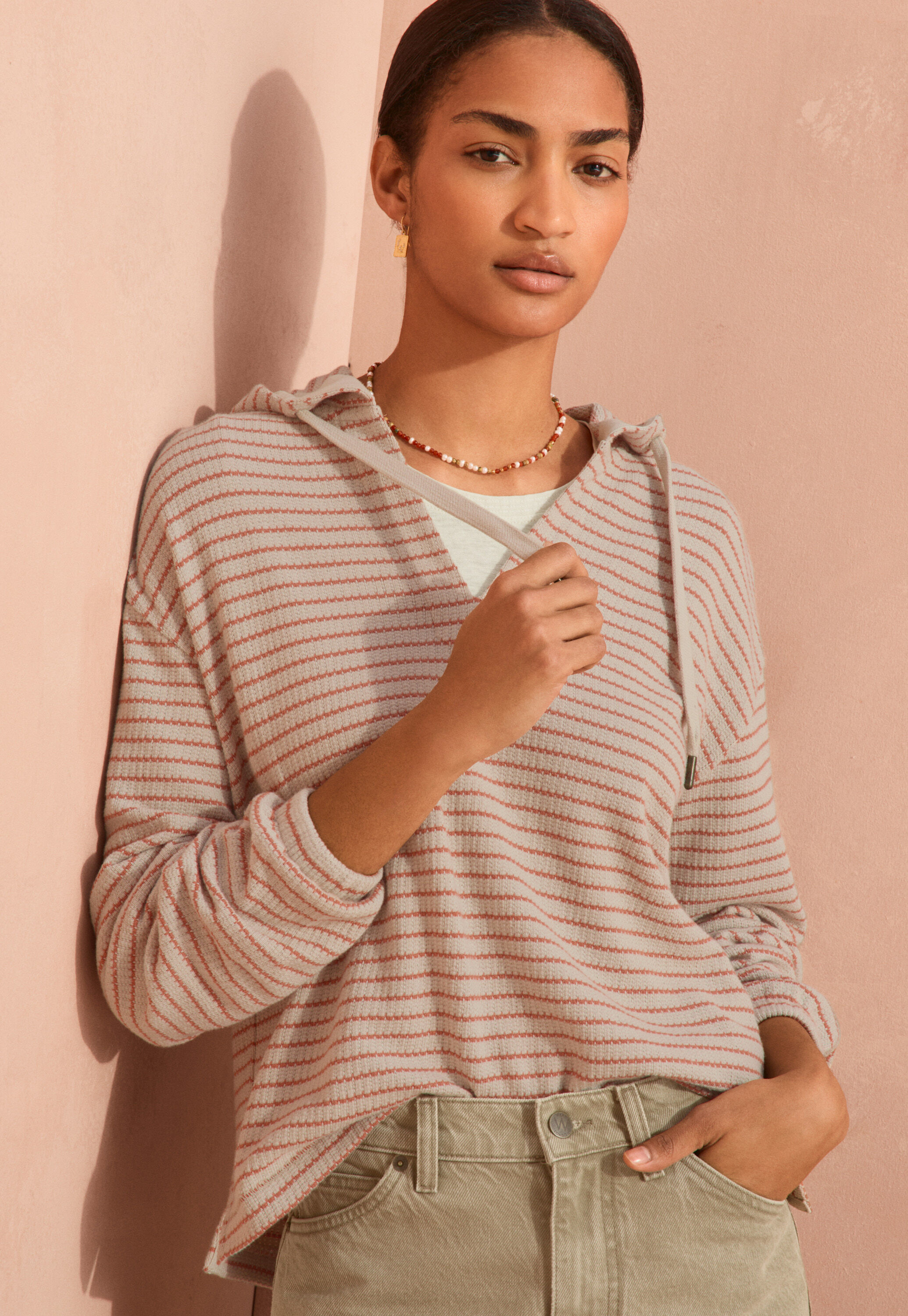 Textured striped hoodie, Parchment peach, large