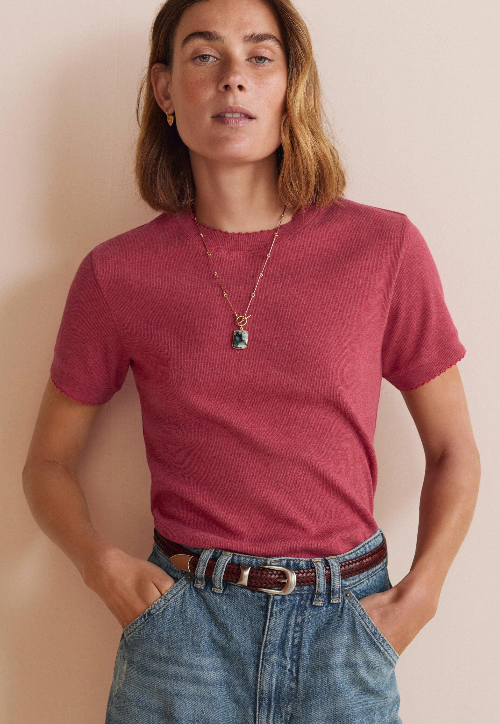 Ribbed Jersey T-shirt, Crimson, large