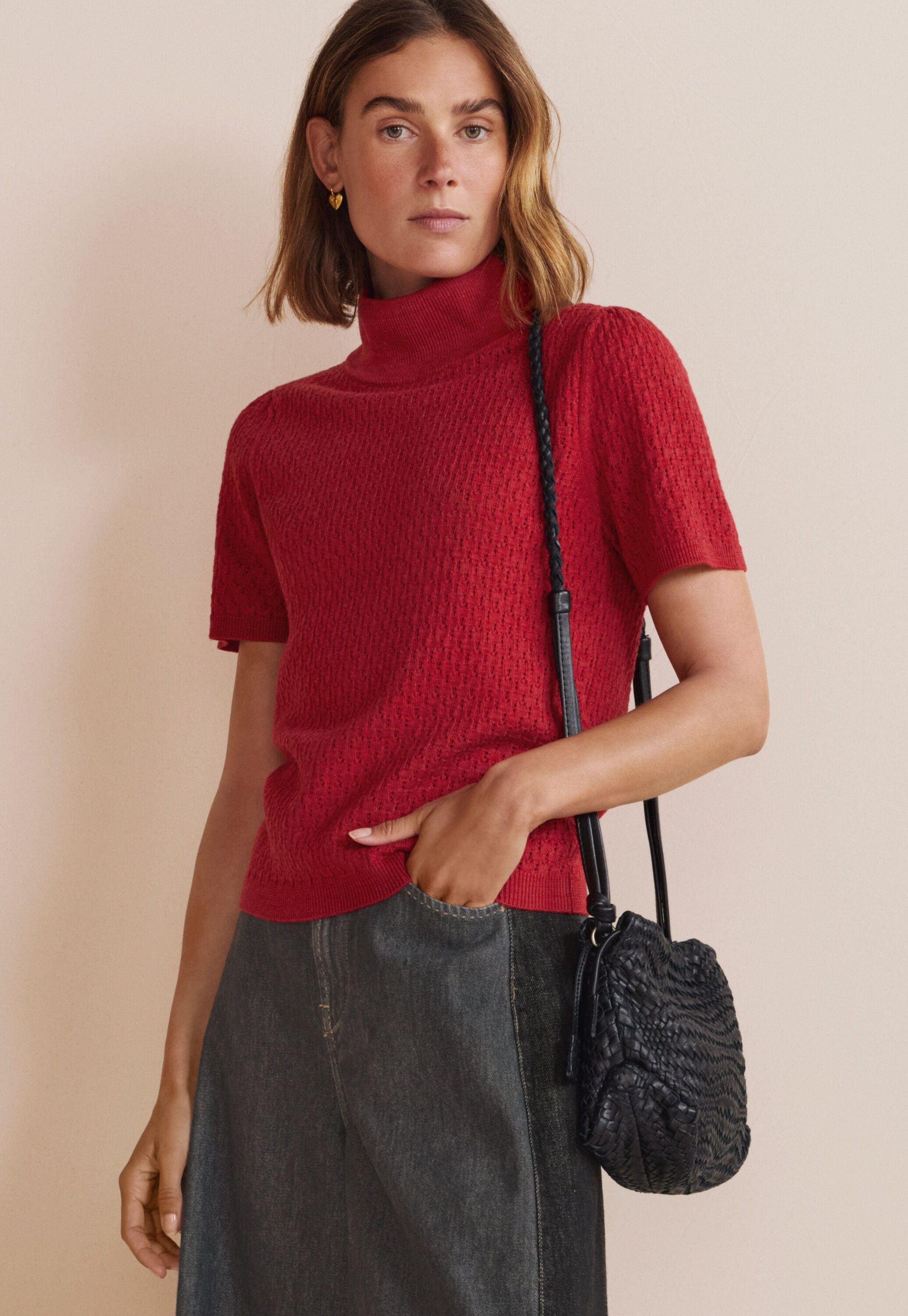 Pointelle-stitch sweater, Scarlet, large