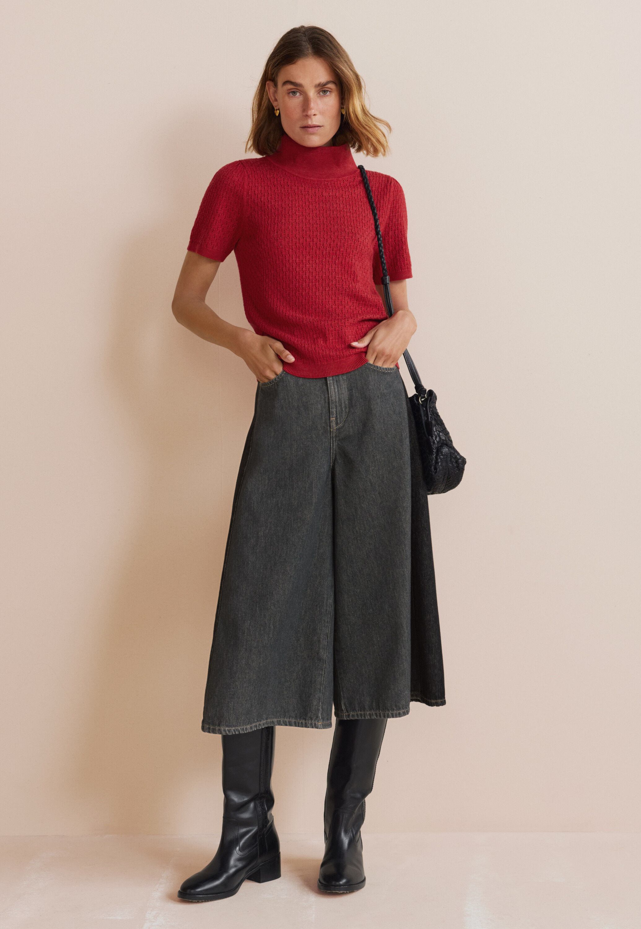Pointelle-stitch sweater, Scarlet, large