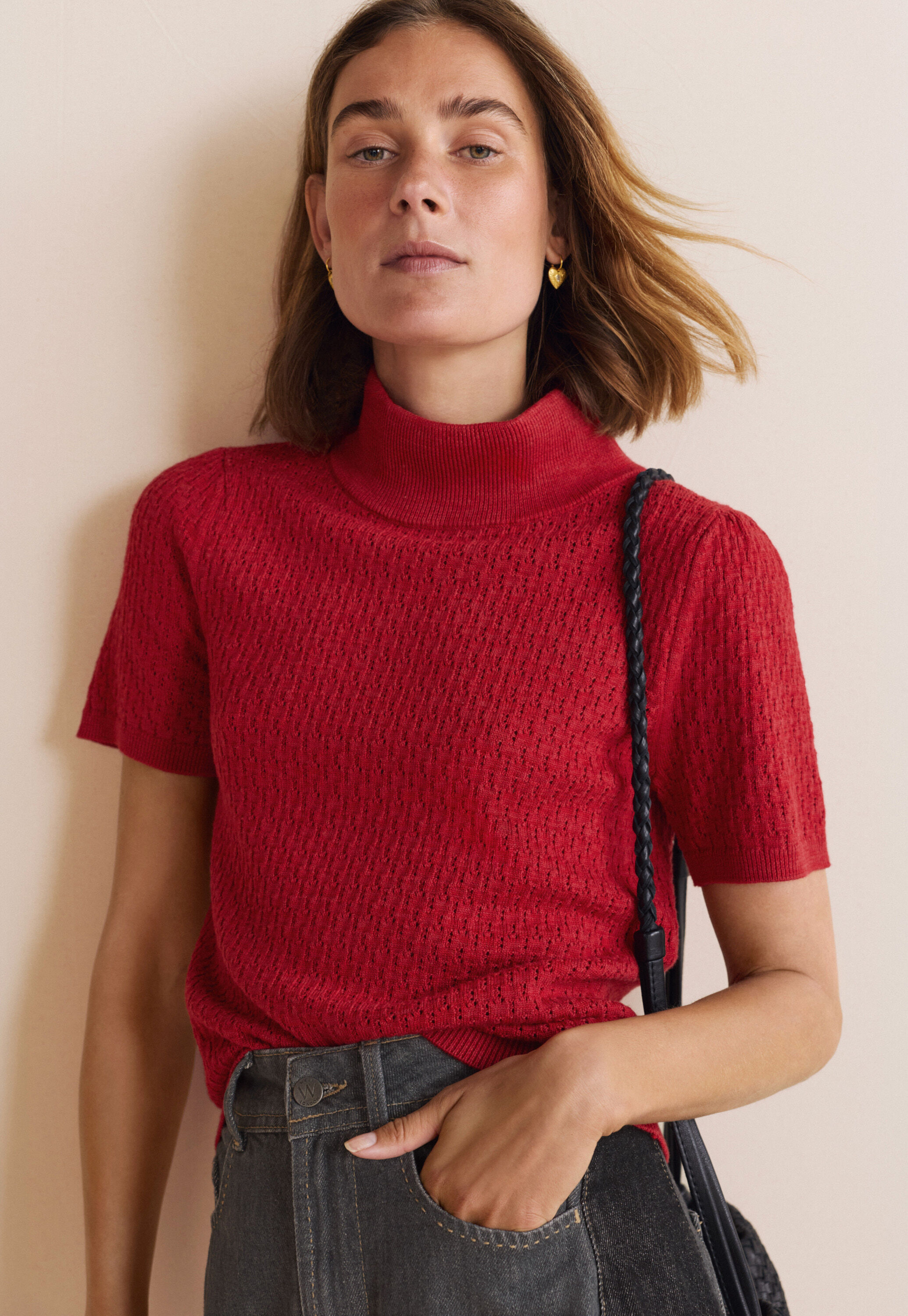 Pointelle-stitch sweater, Scarlet, large