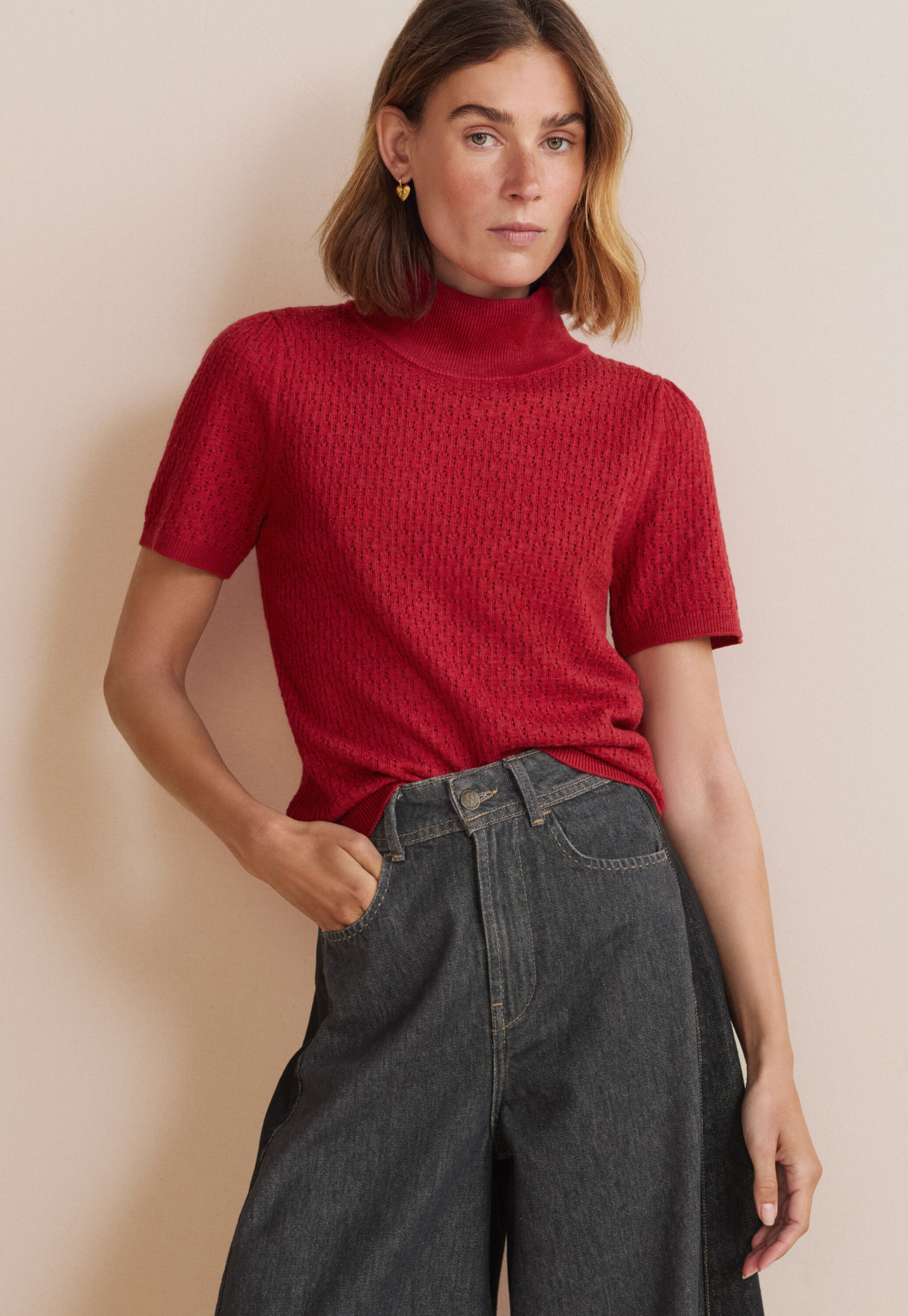 Pointelle-stitch sweater, Scarlet, large