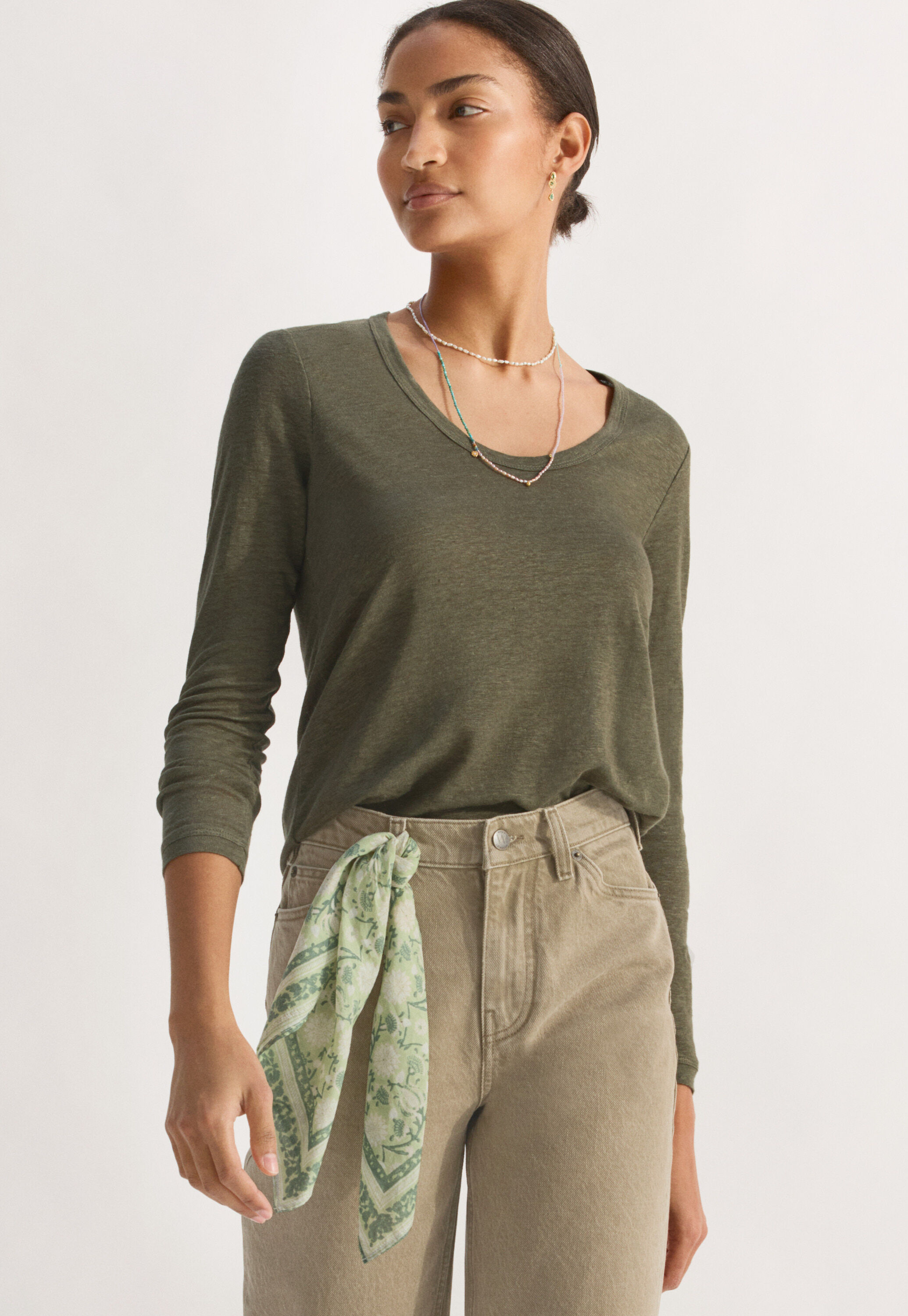 Long-sleeved scoop-neck top