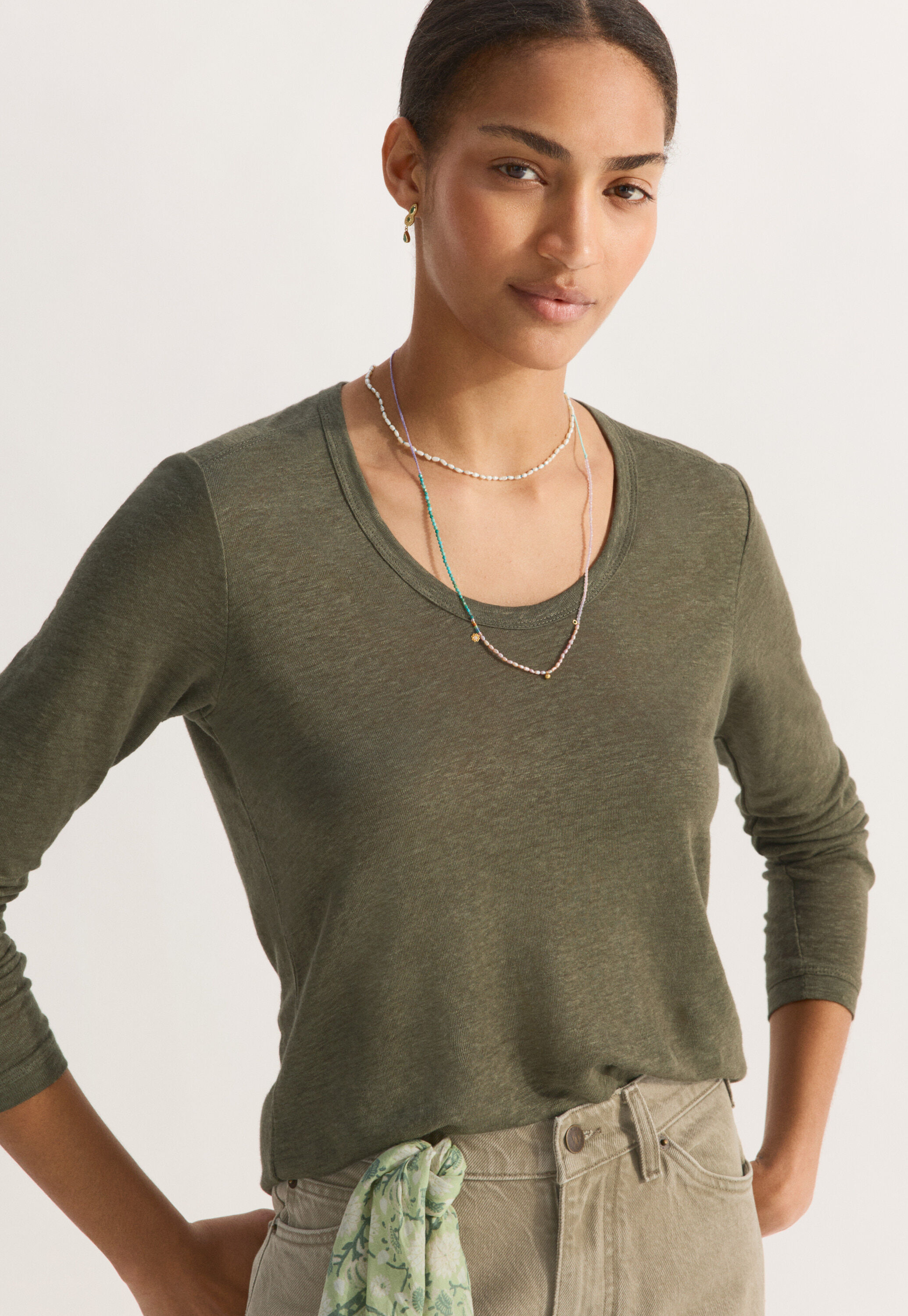 Long-sleeved scoop-neck top
