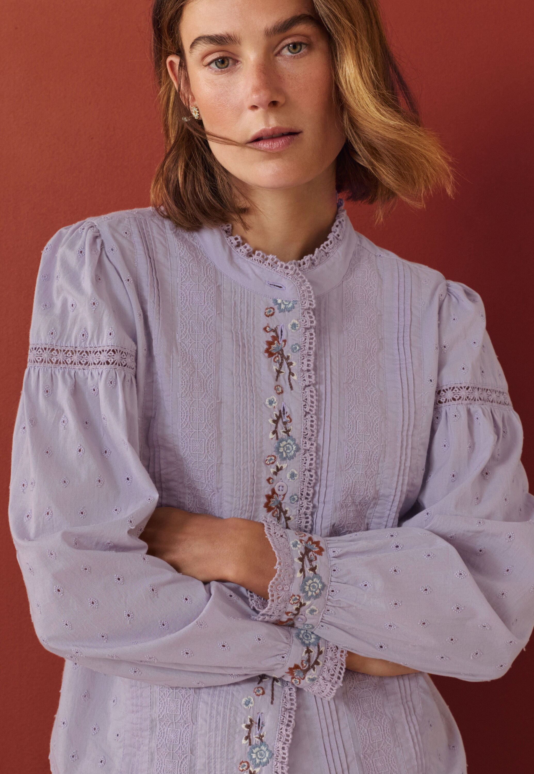Embroidered broderie blouse, Lavender, large