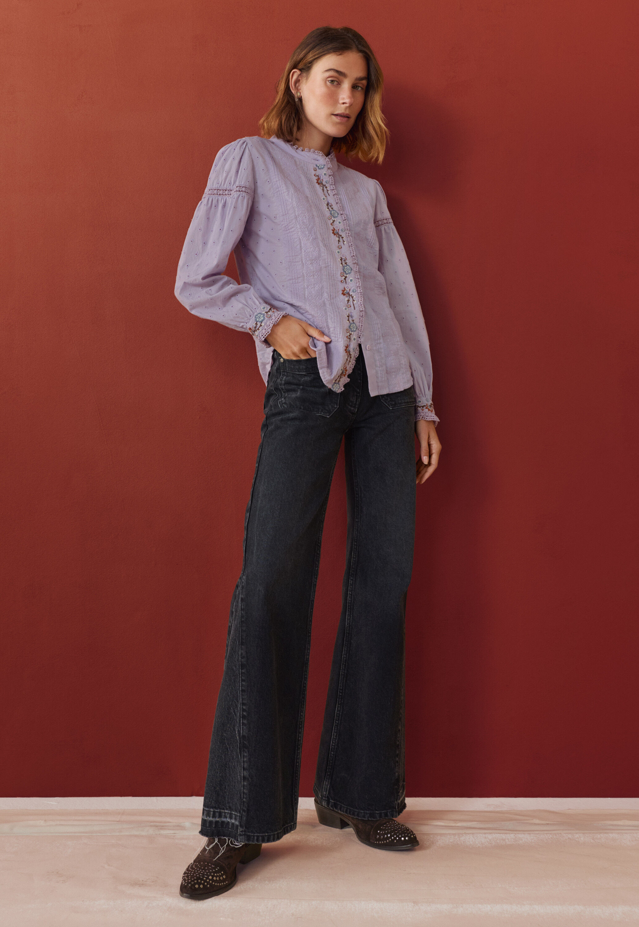 Embroidered broderie blouse, Lavender, large