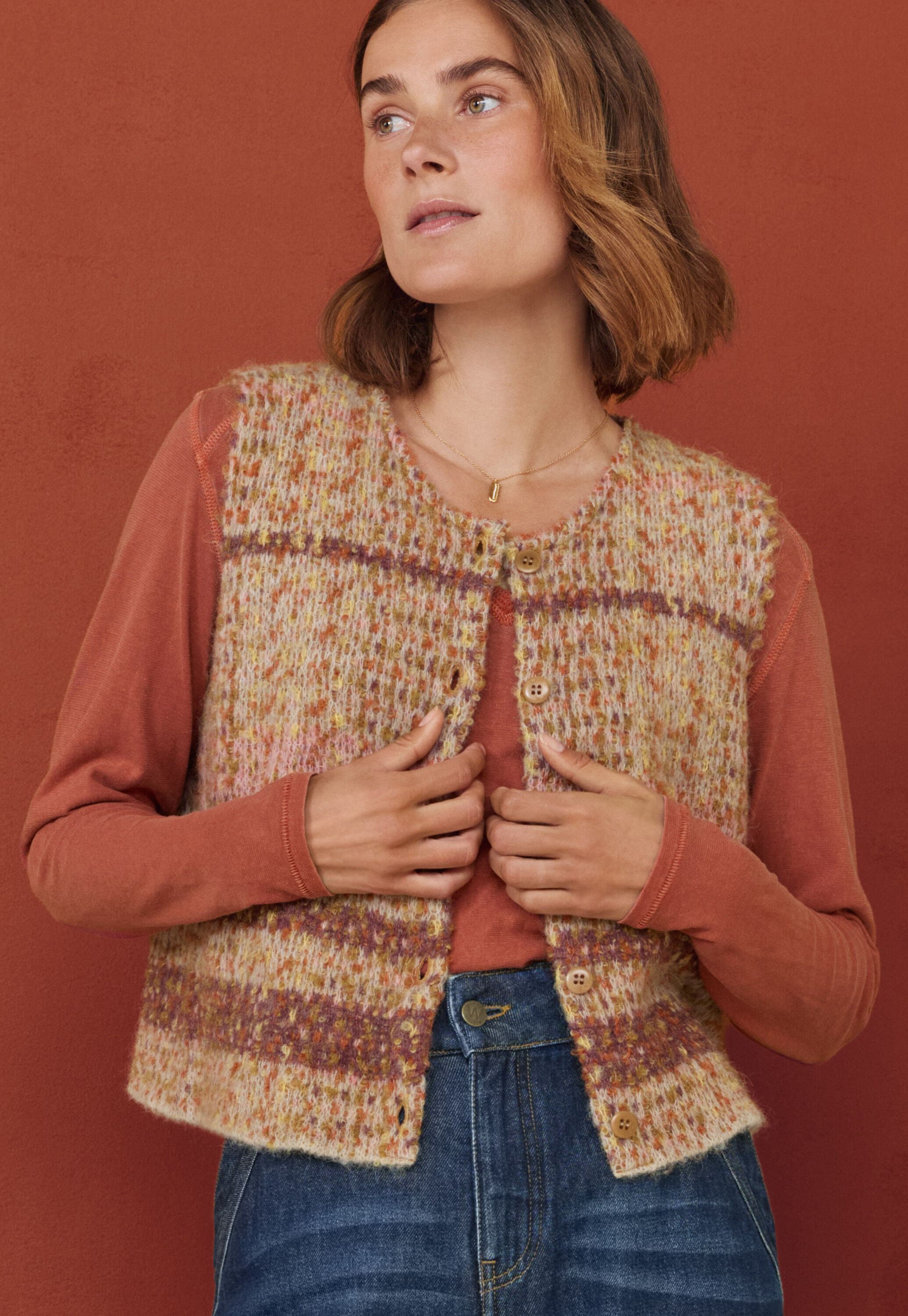 Check knitted gilet, Warm sunset, large