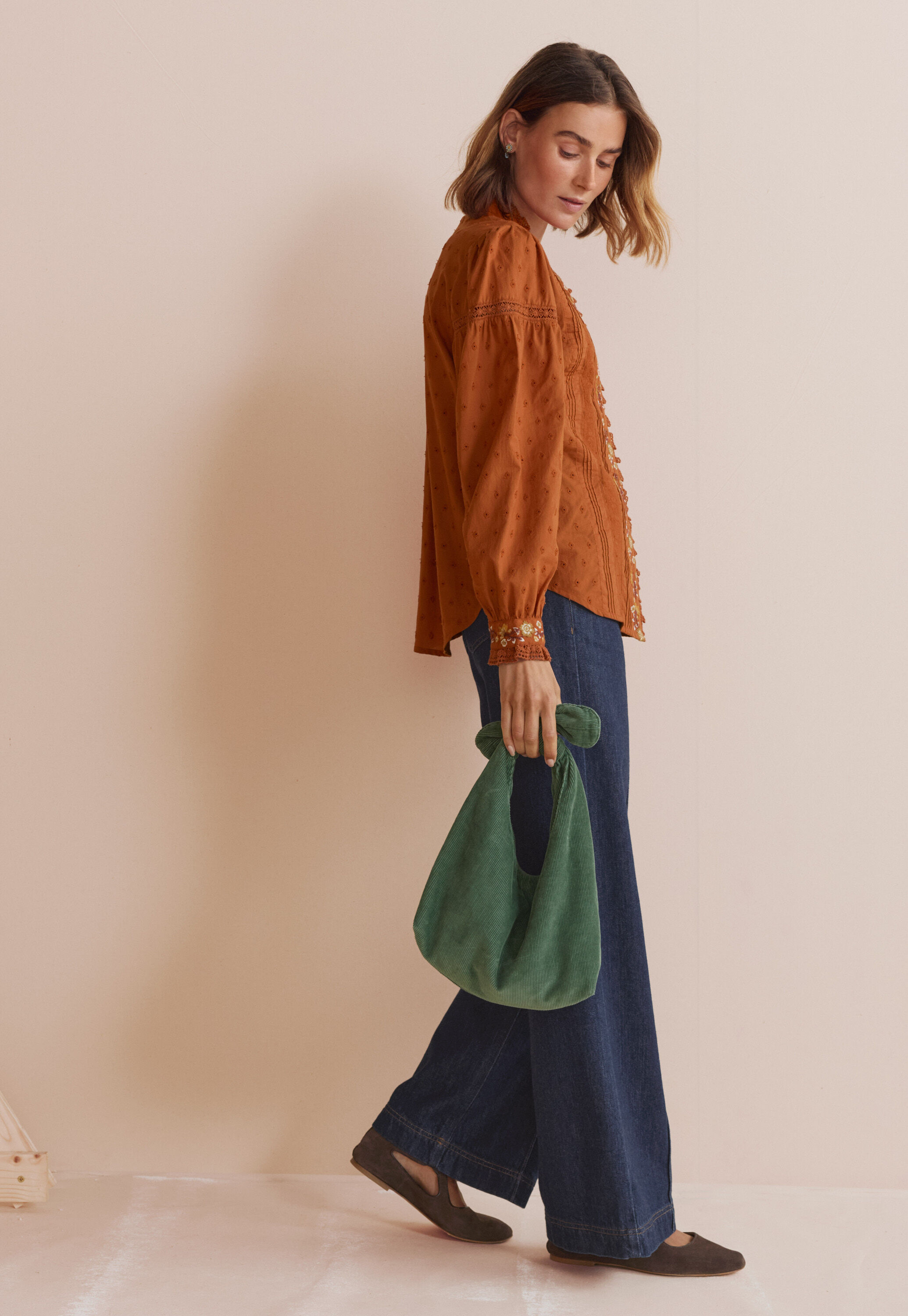 Cord tie-handle bag, Emerald, large