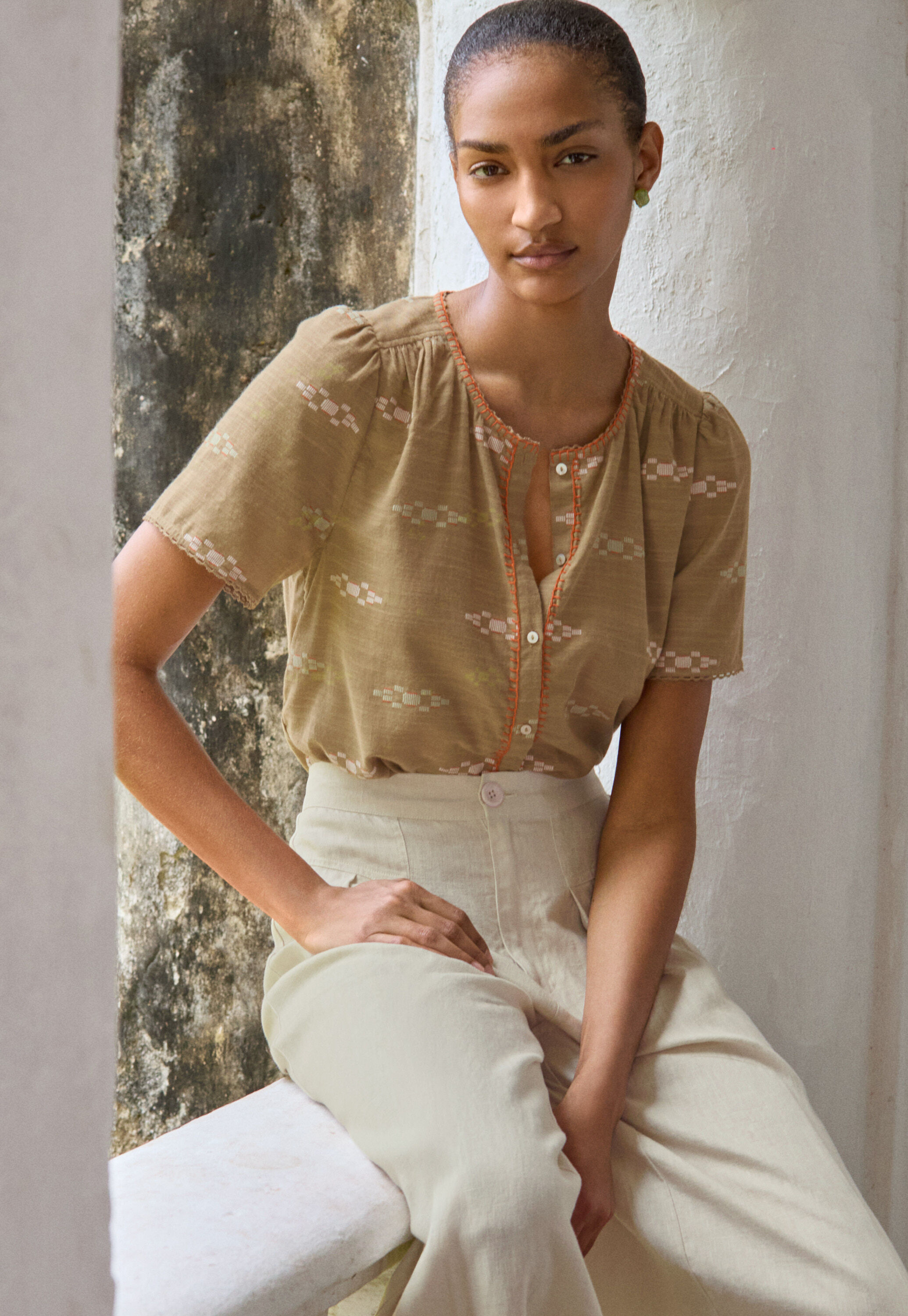 Jacquard blouse, Khaki, large