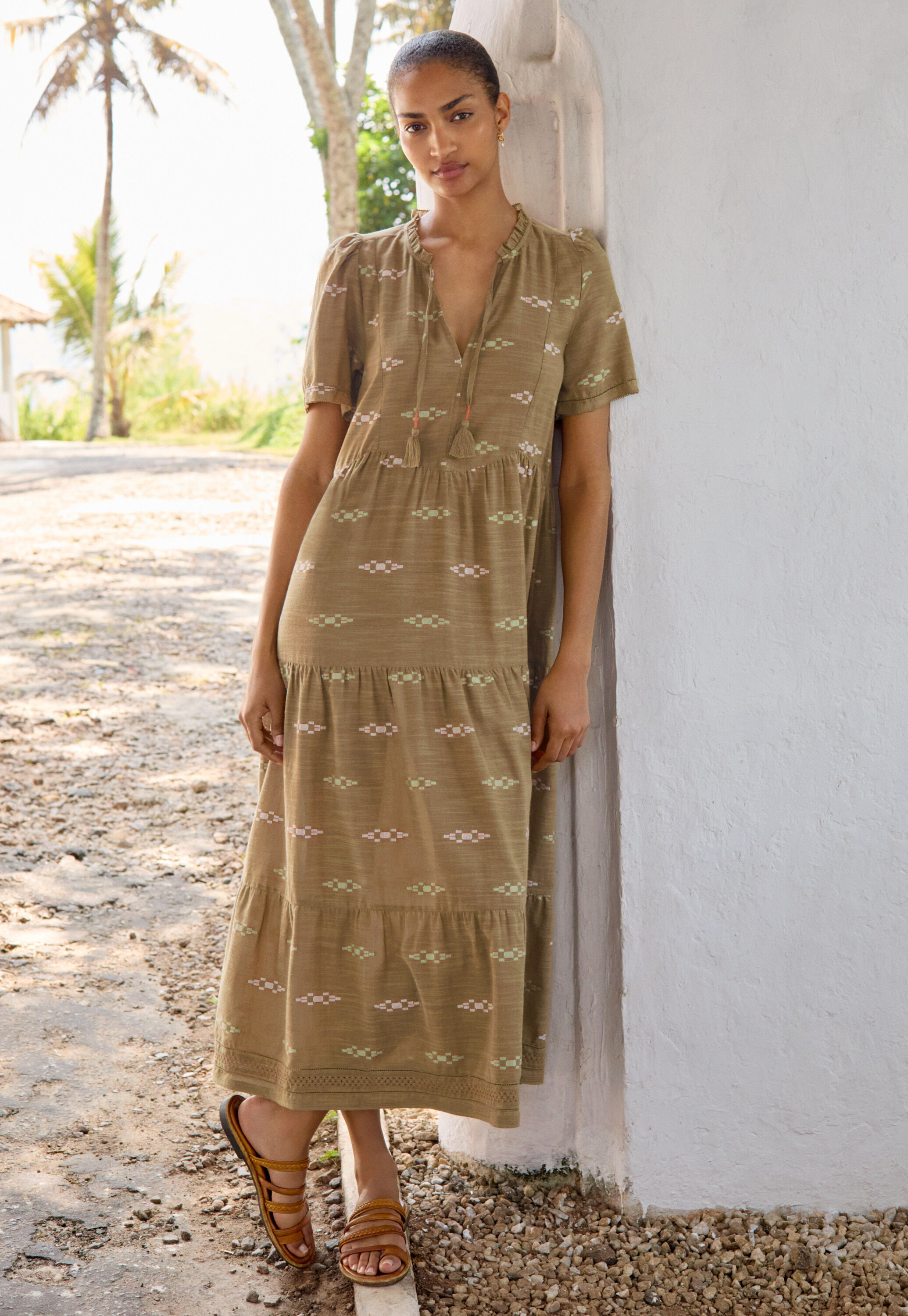 Jacquard tiered dress, Khaki, large