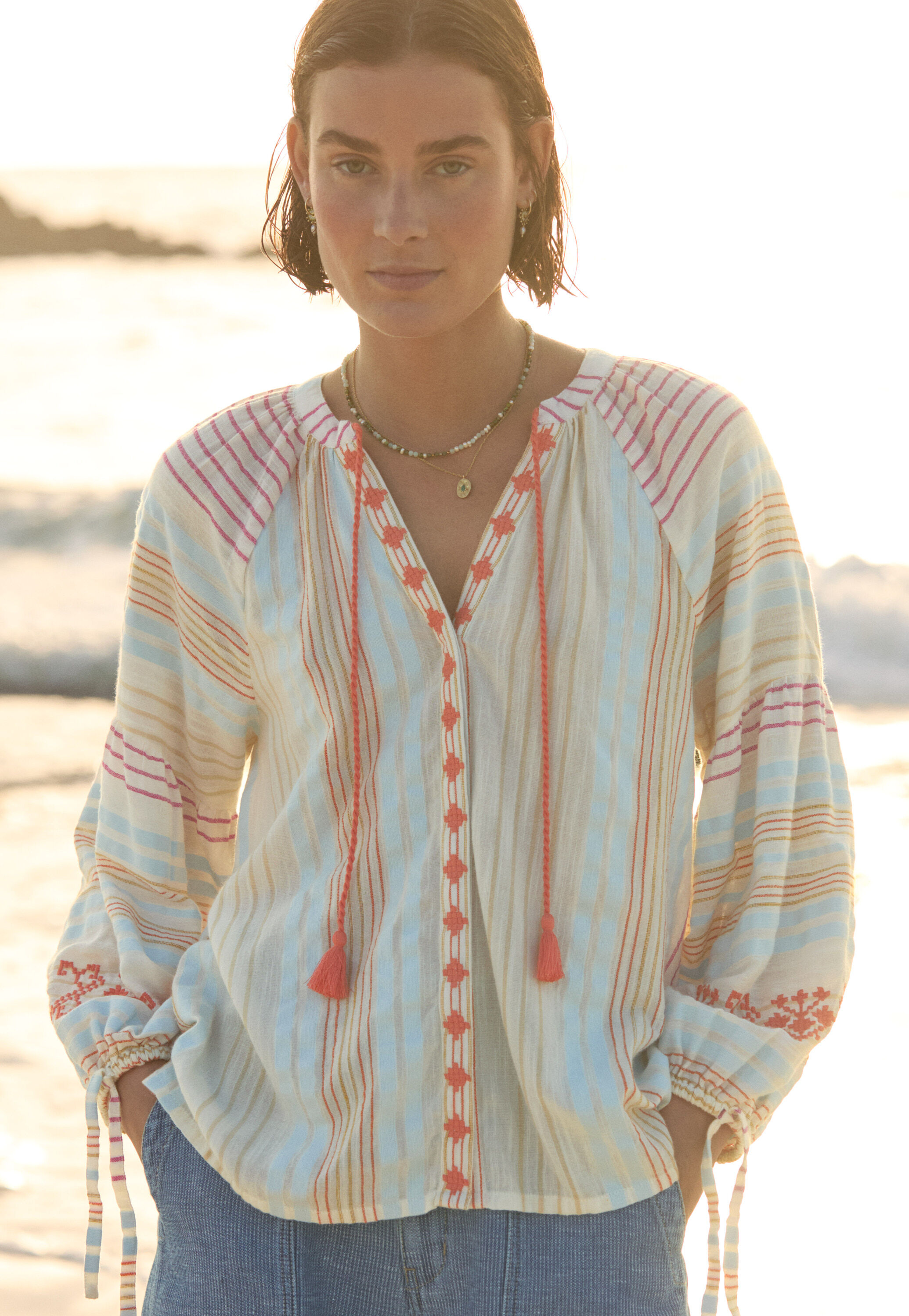 Embroidered striped blouse