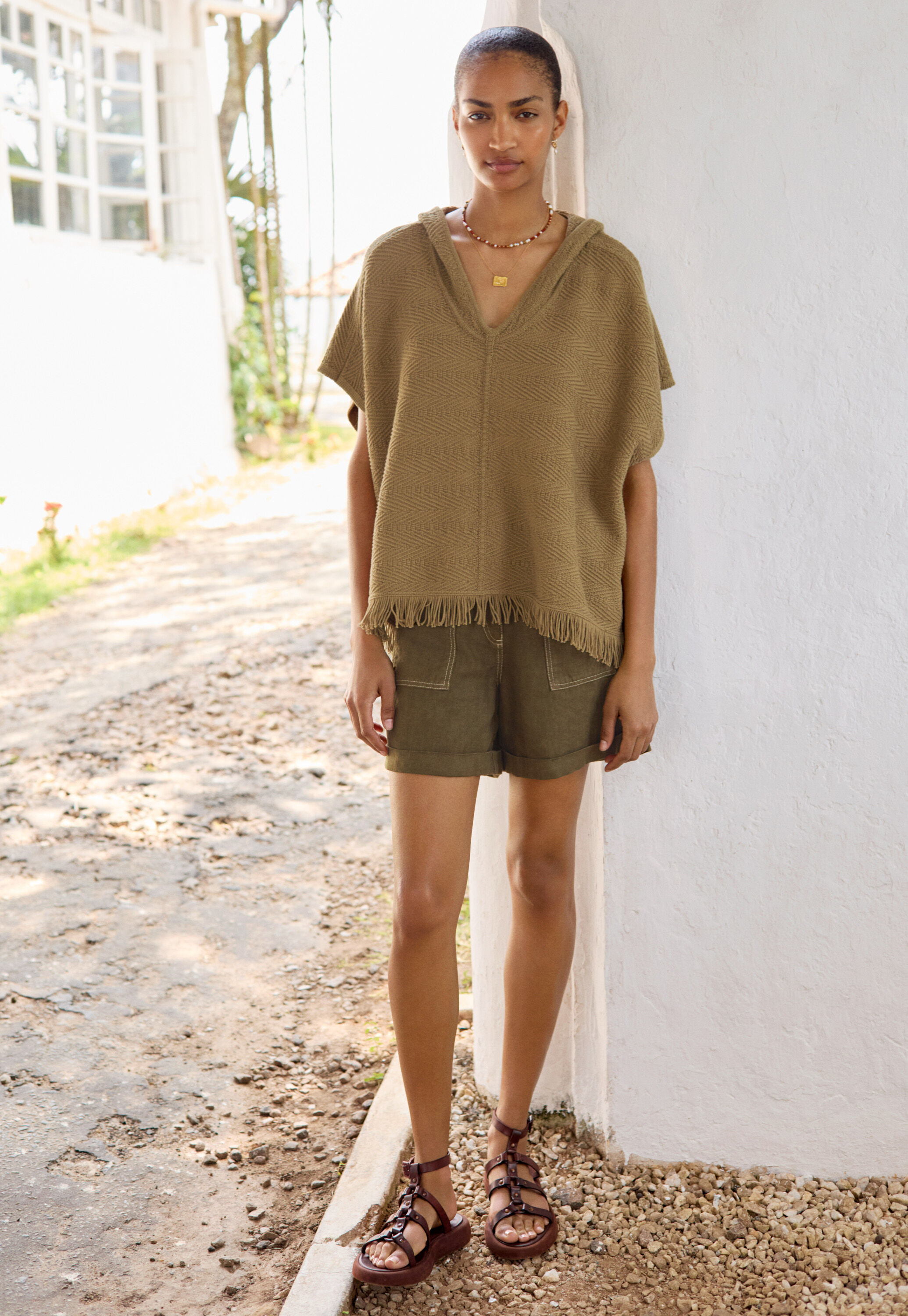 Herringbone-stitch hooded poncho, Khaki, large