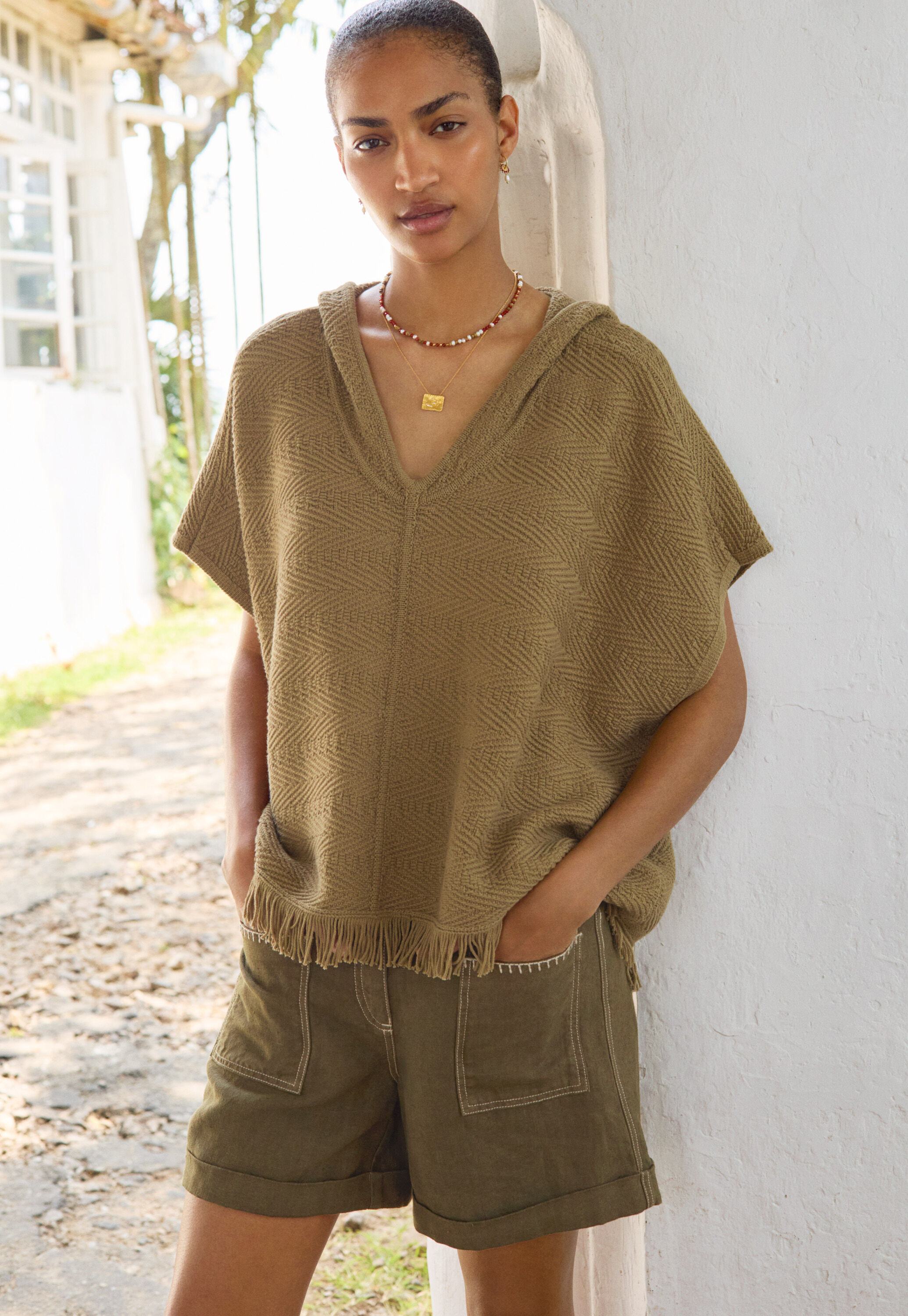 Herringbone-stitch hooded poncho