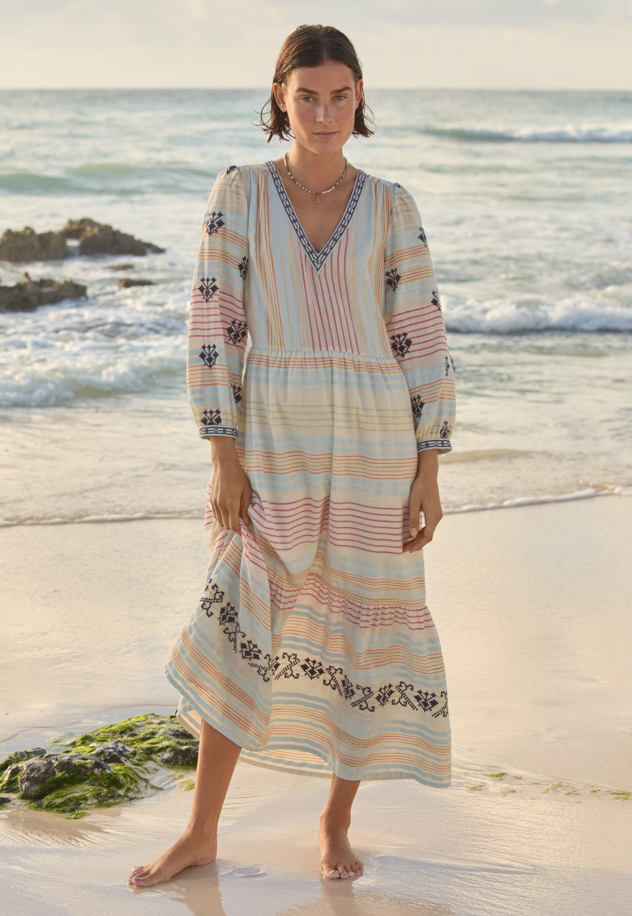 Embroidered striped dress