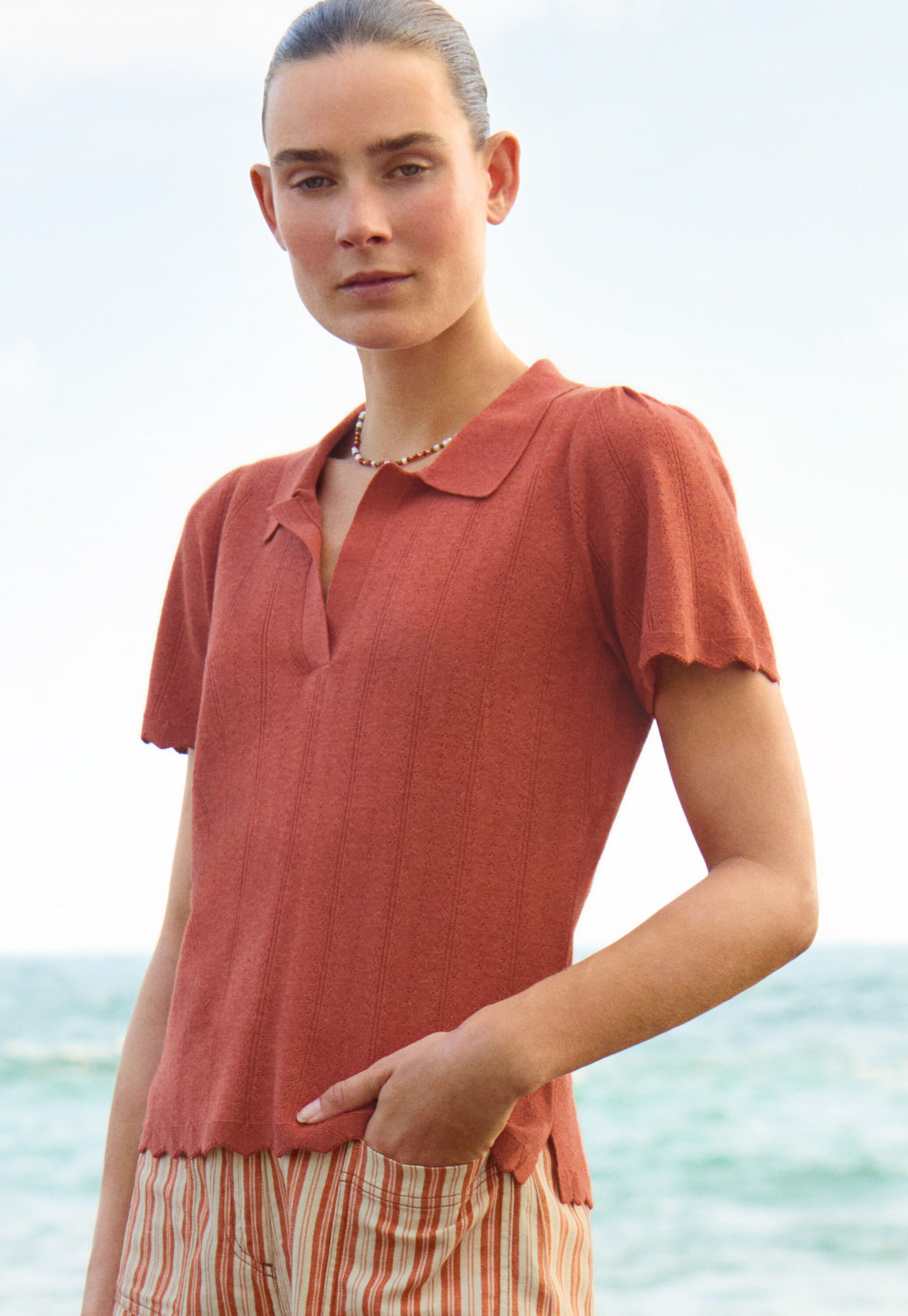 Pointelle-stitch collared sweater