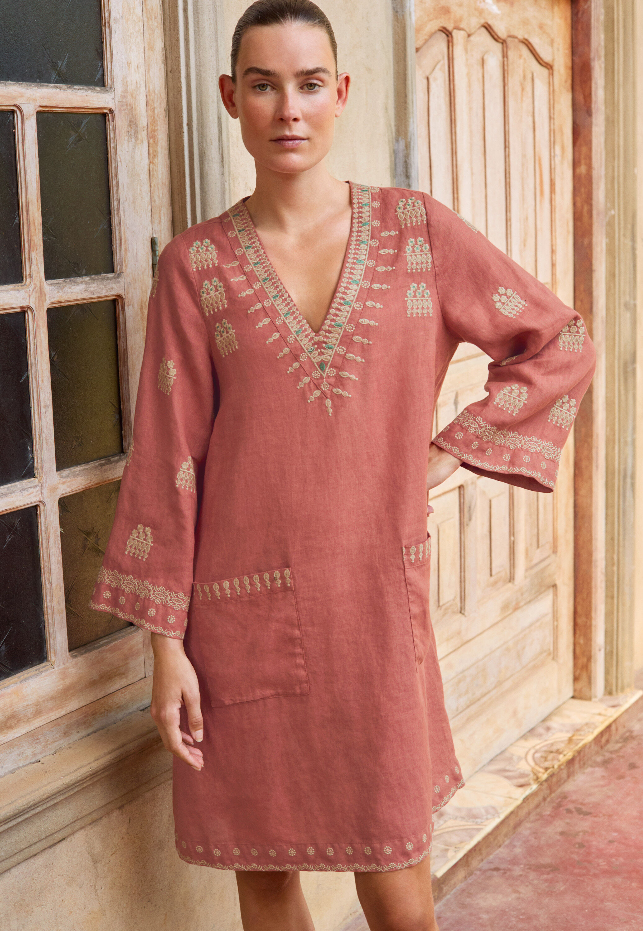 Embroidered dress, Terracotta, large