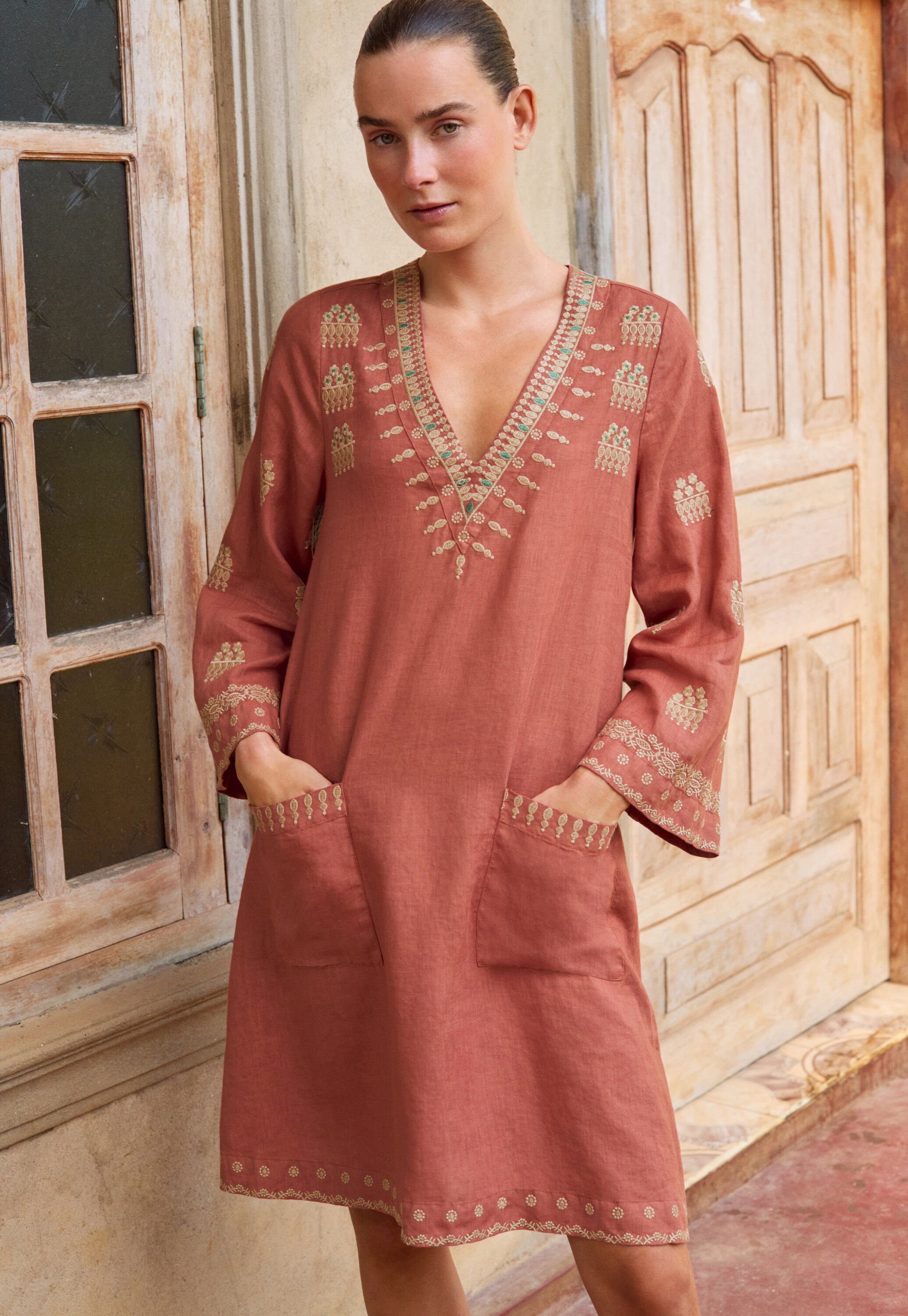 Embroidered dress, Terracotta, large
