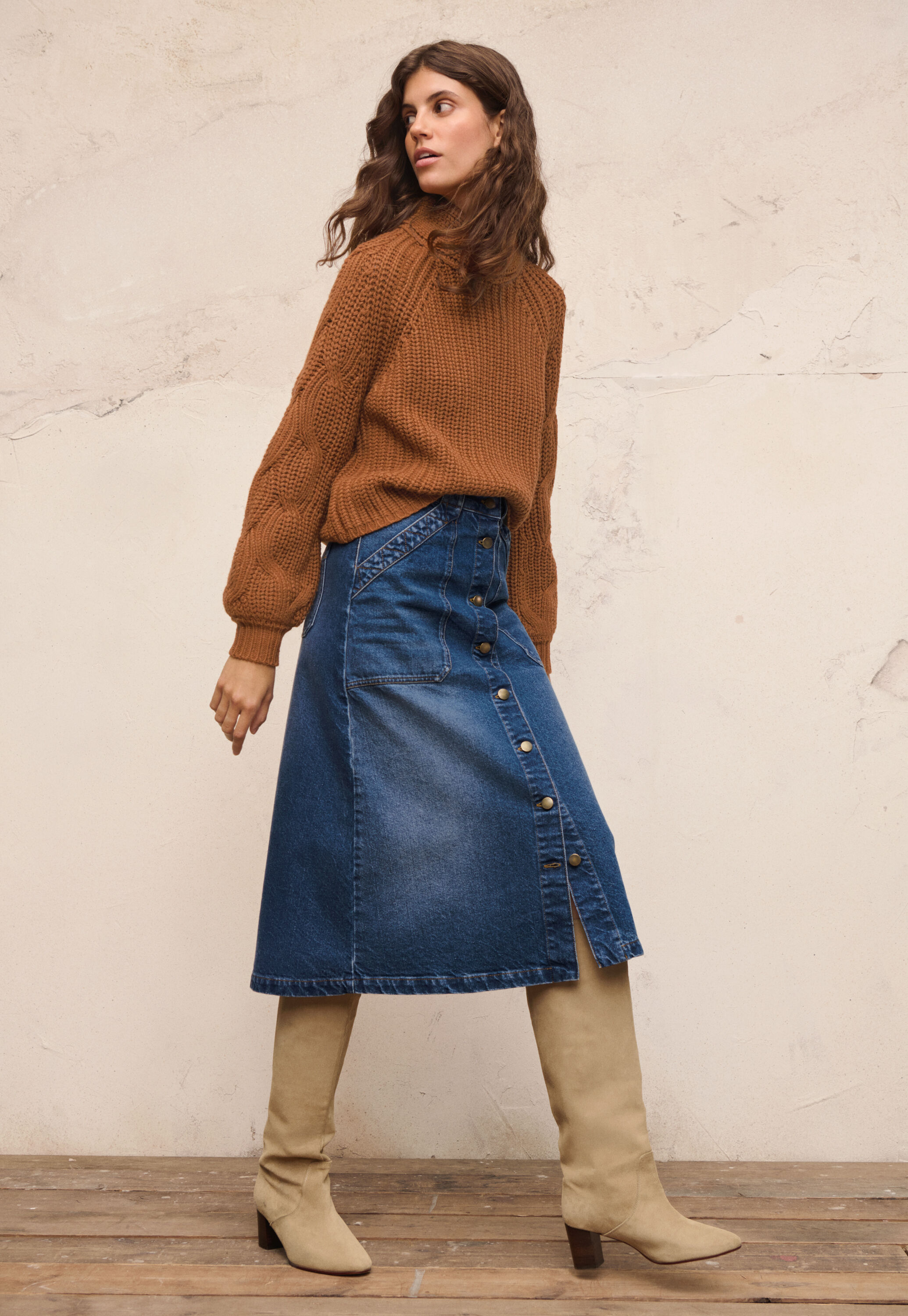 Denim button-front skirt