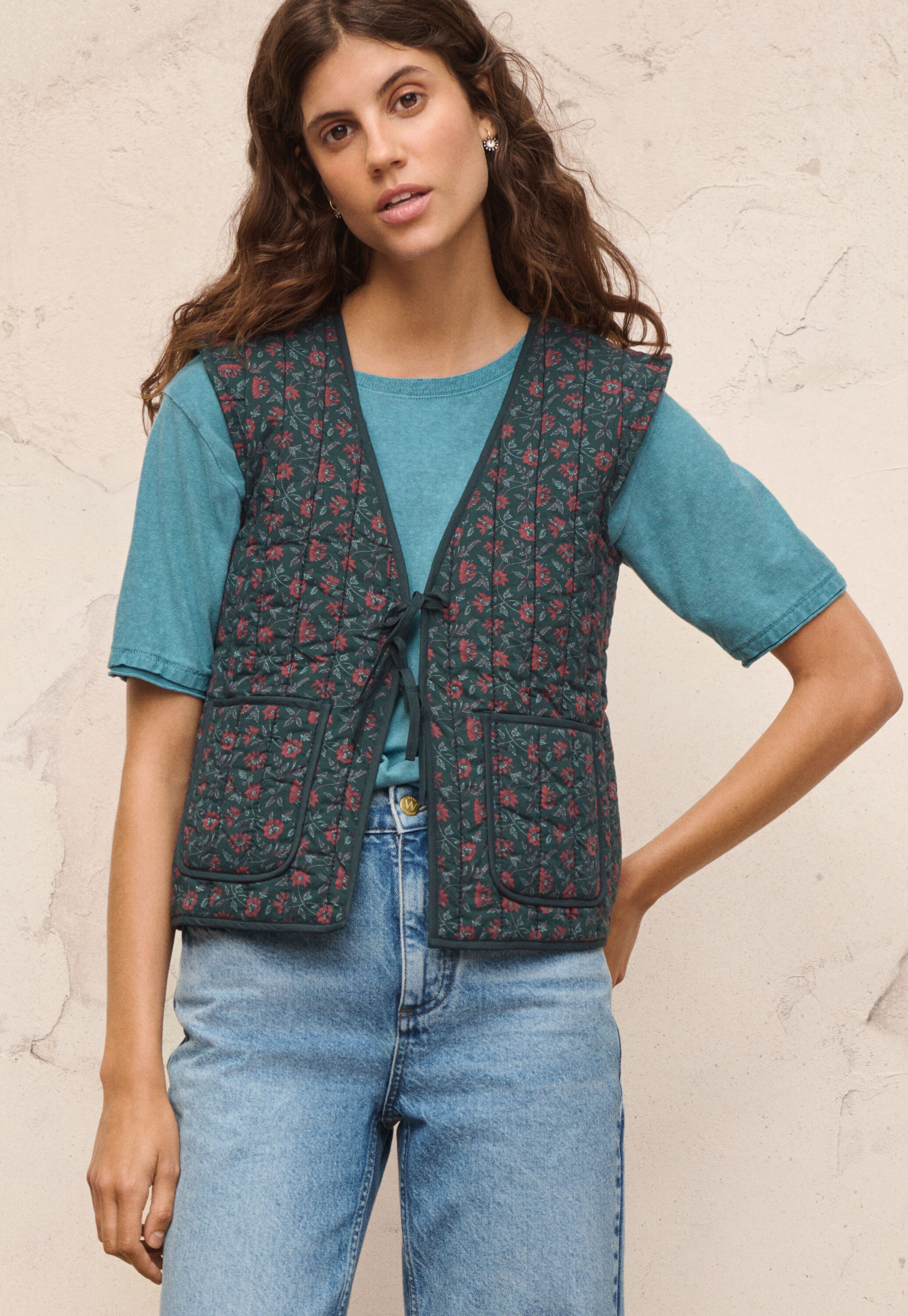 Quilted printed gilet, Raspberry petrol, large