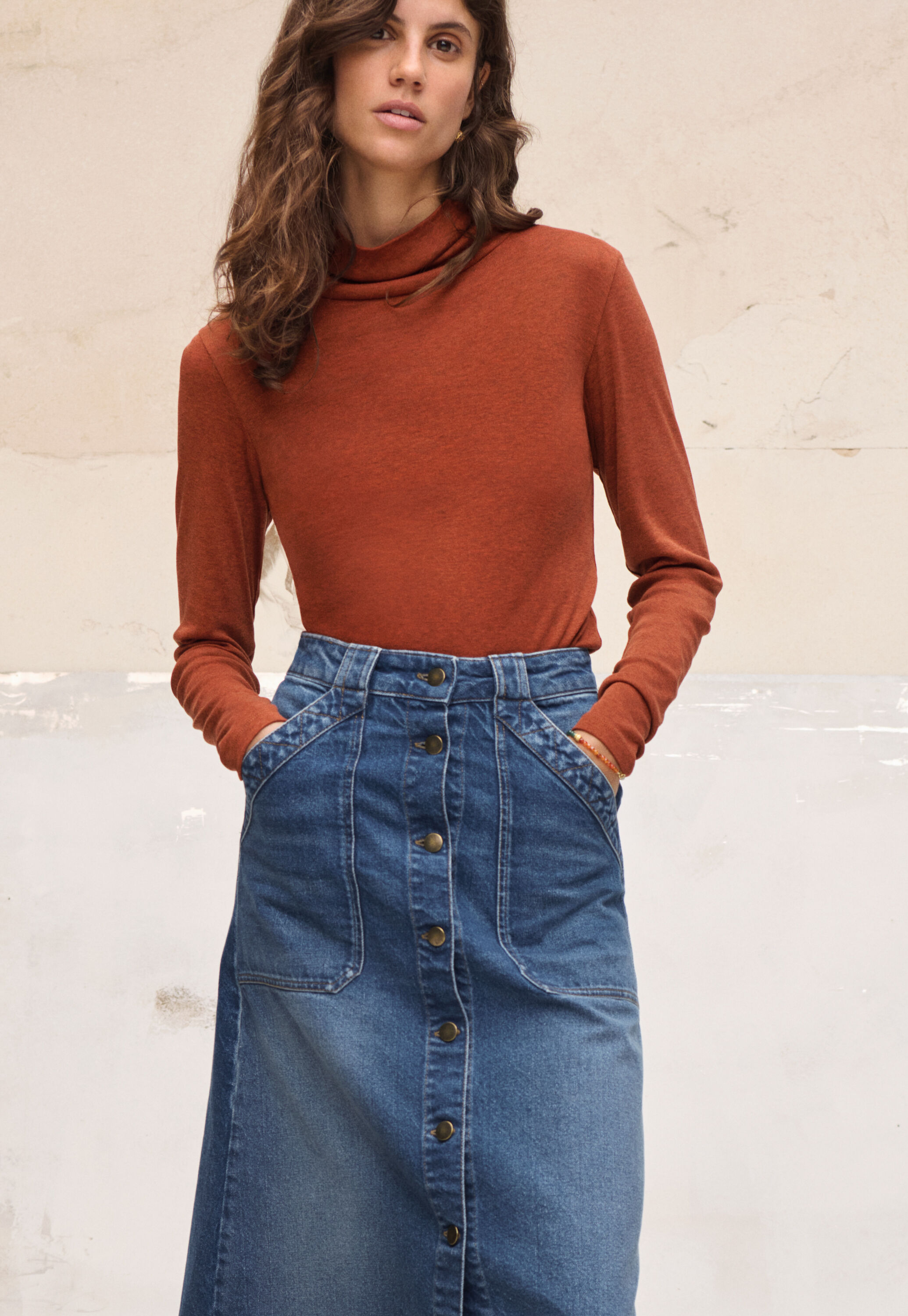 Denim button-front skirt