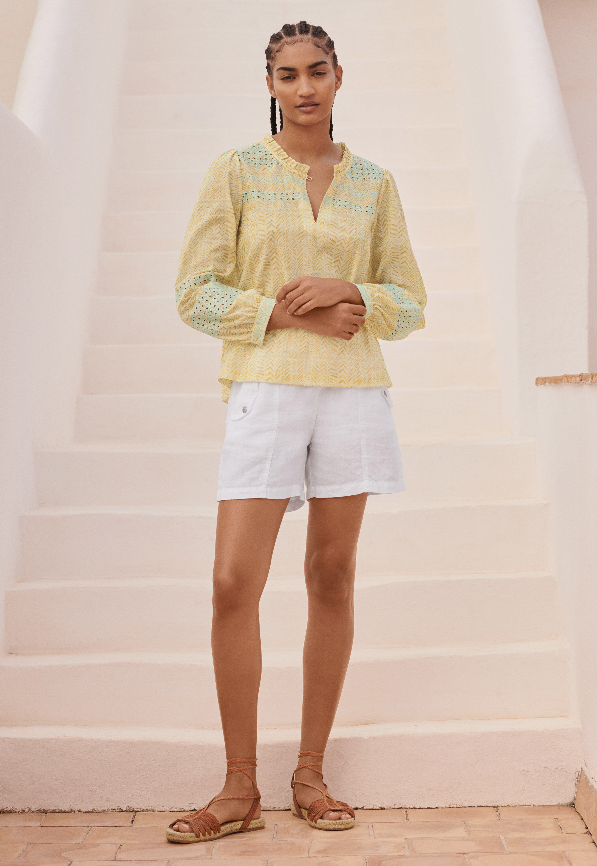 Print and broderie blouse, Soft sand, large