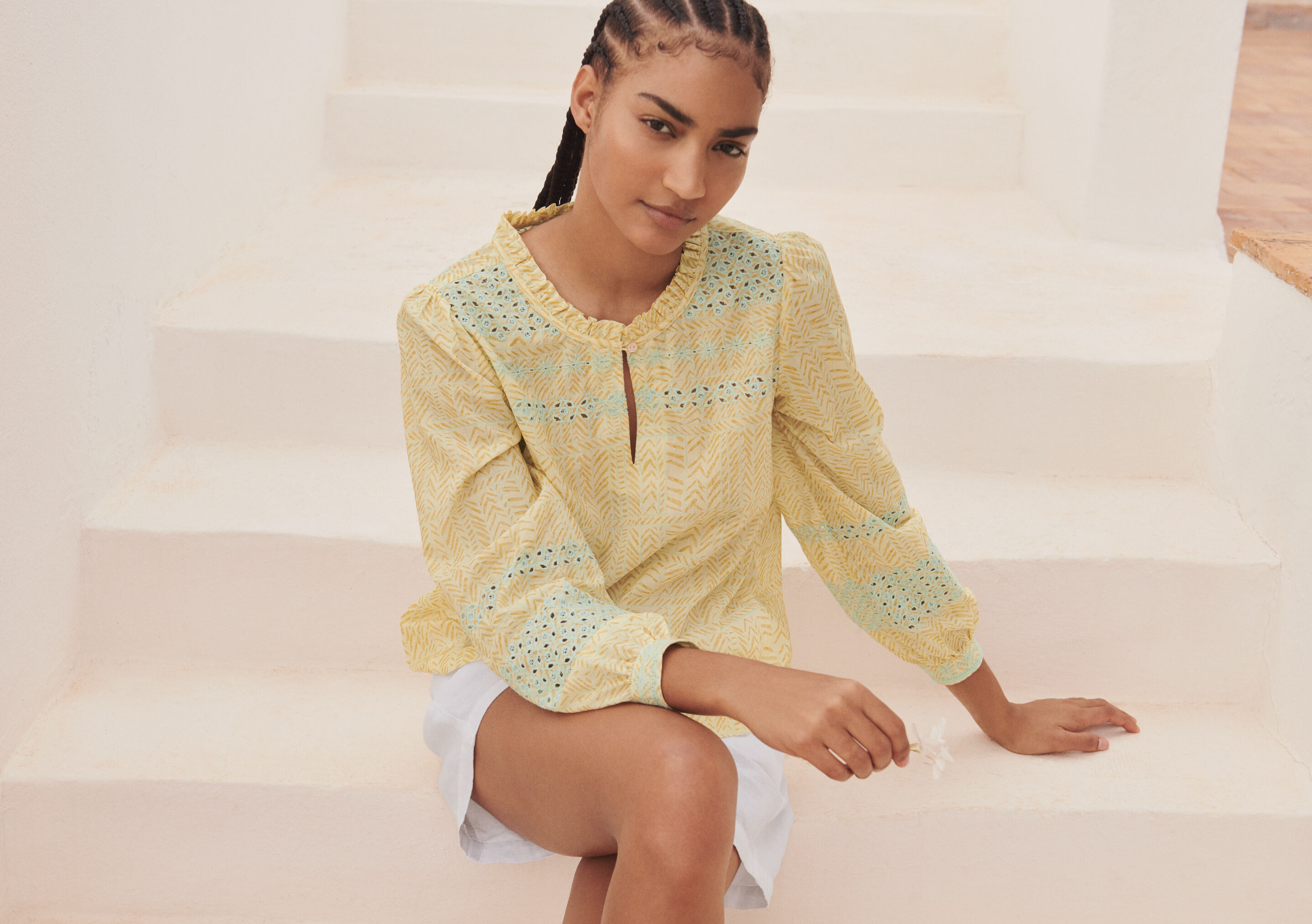 Print and broderie blouse