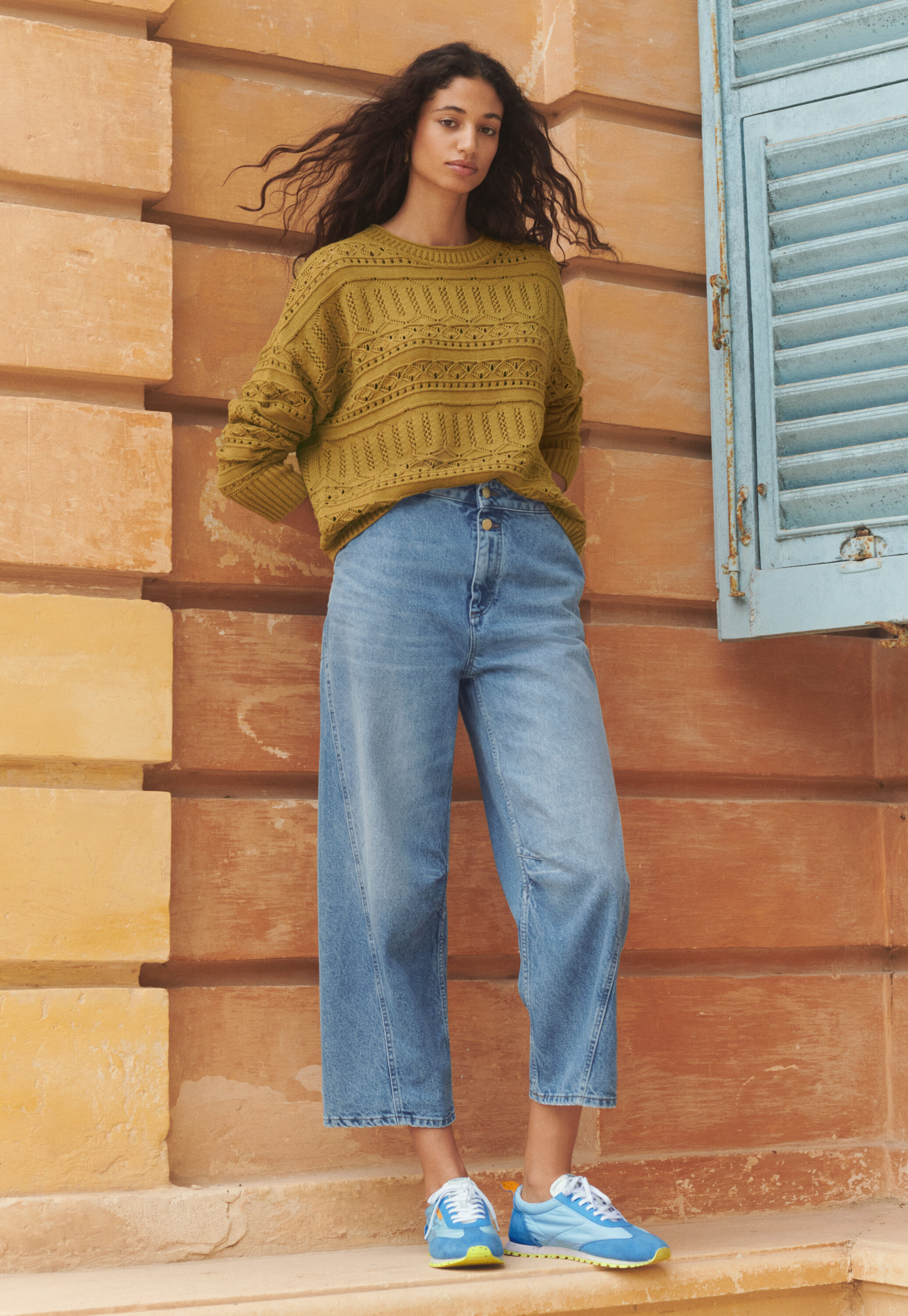 Pointelle sweater, Green ochre, large