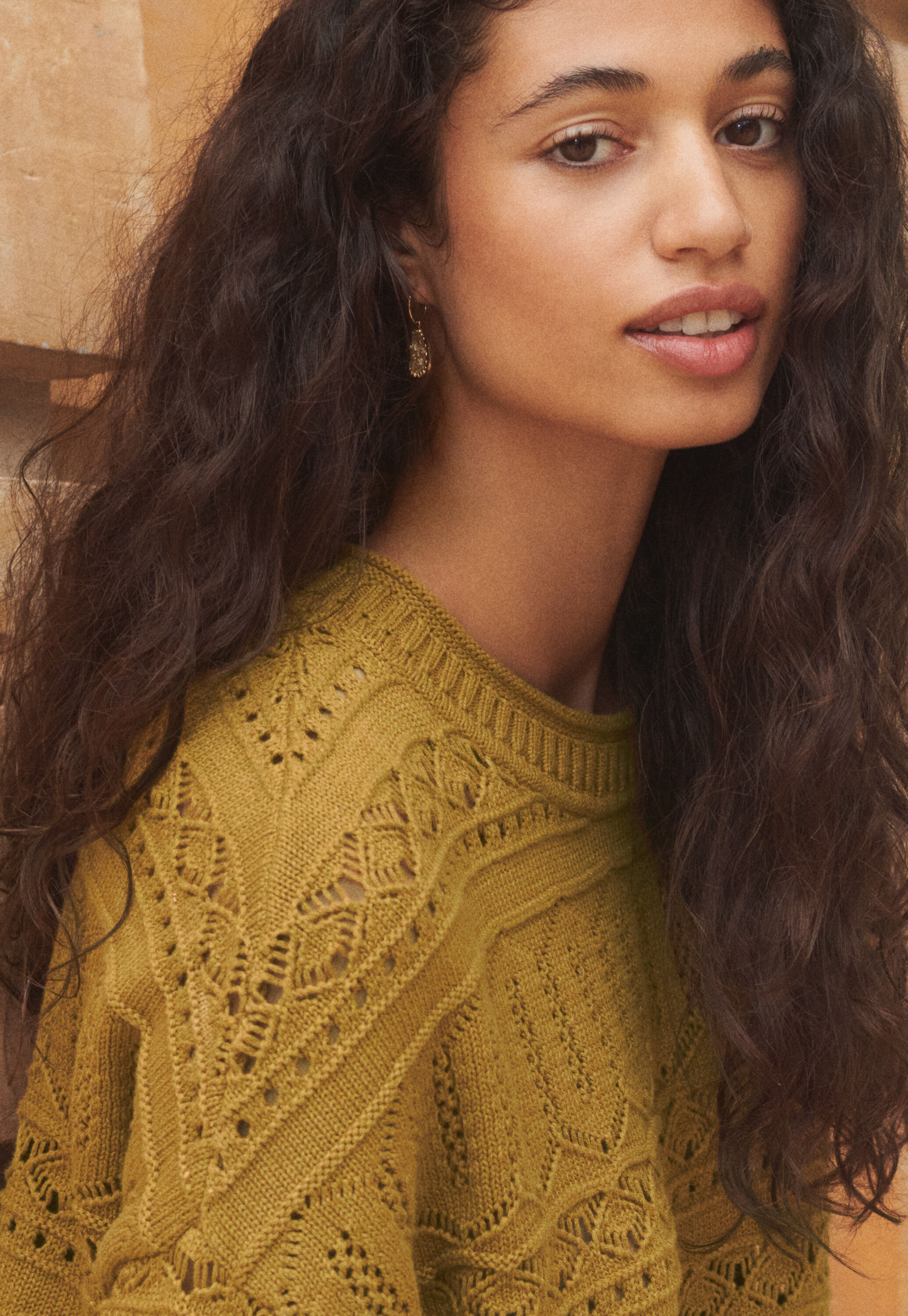 Pointelle sweater, Green ochre, large