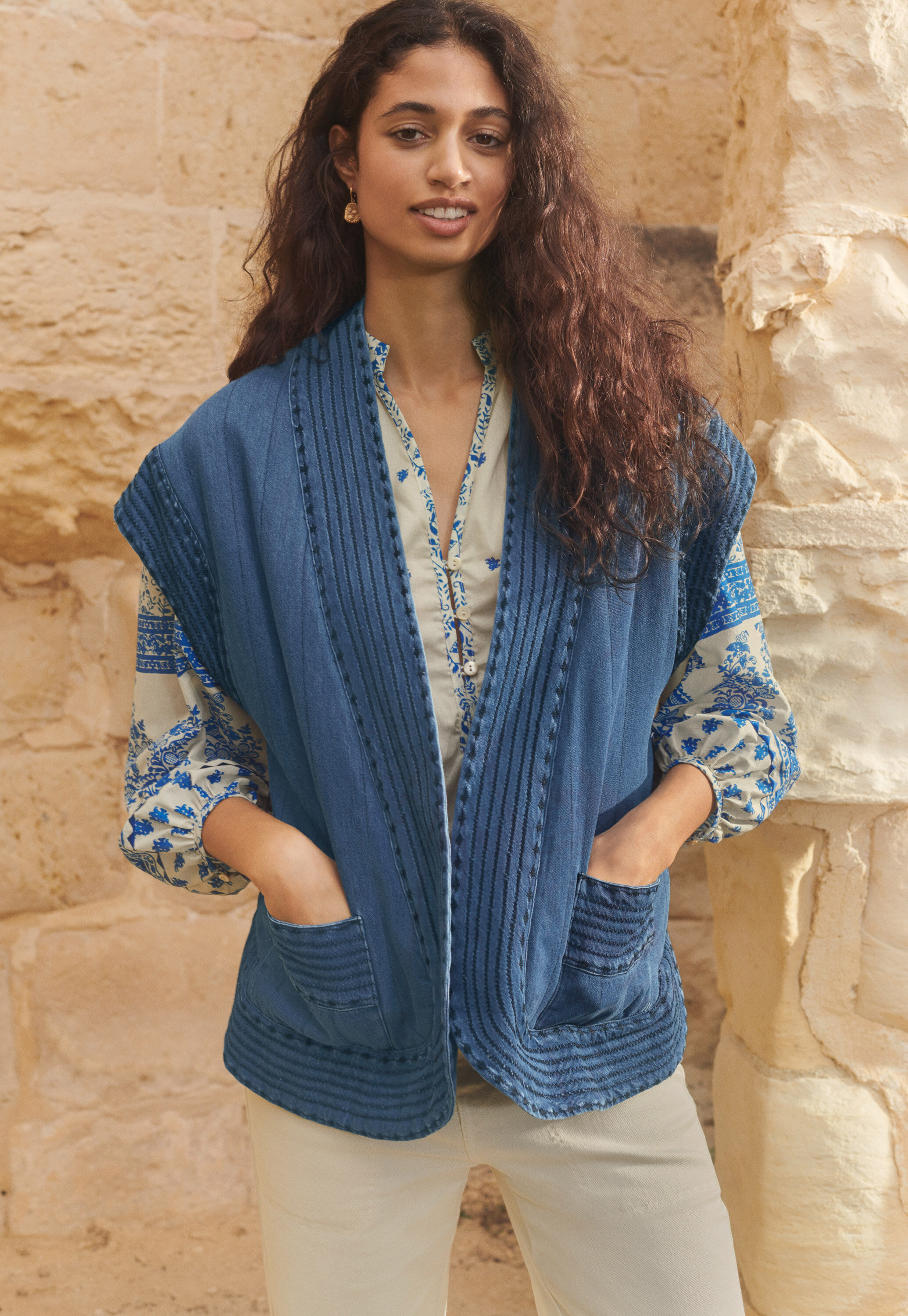 Quilted gilet, Washed indigo, large