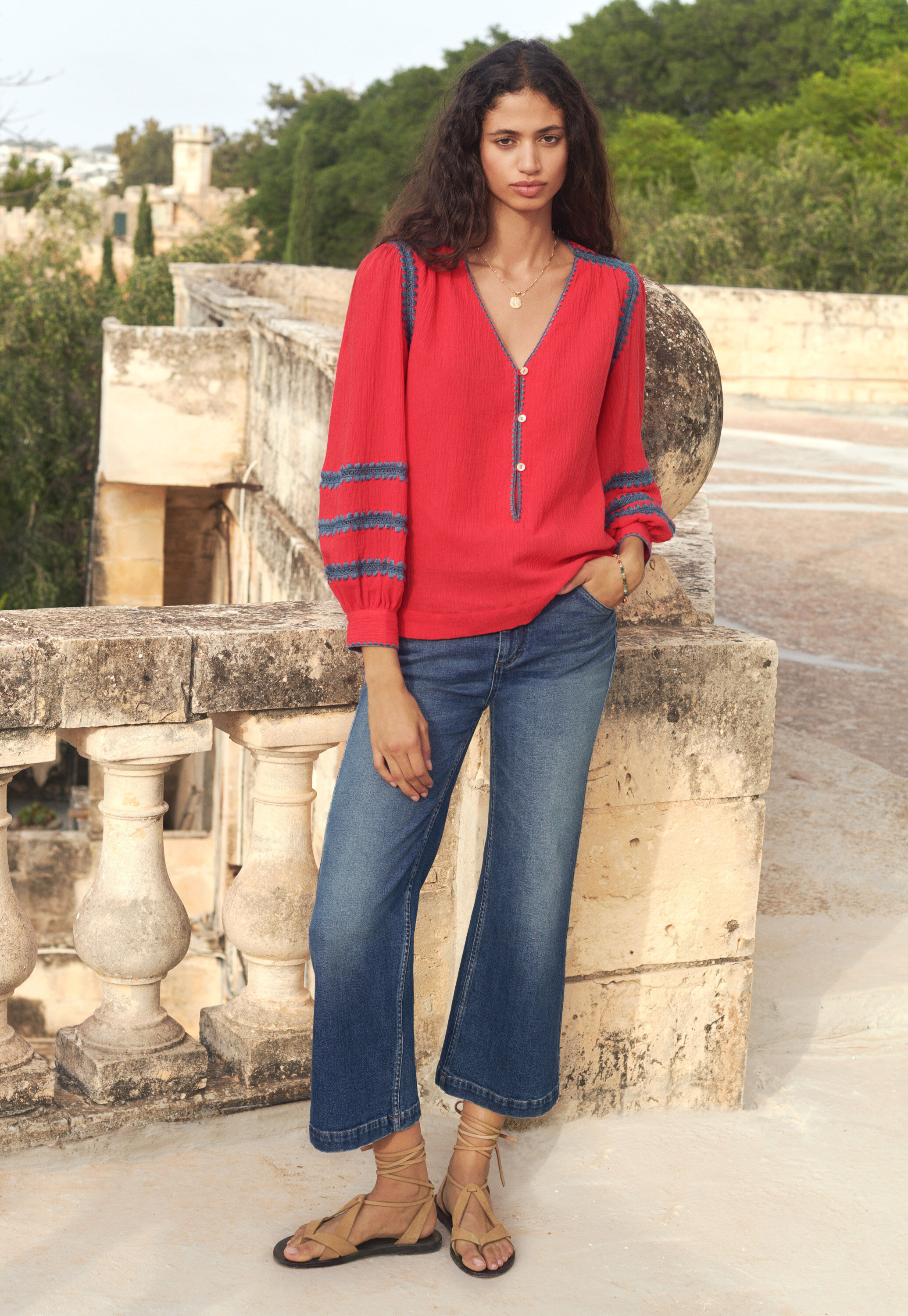 Embroidered blouse, Bright crimson, large