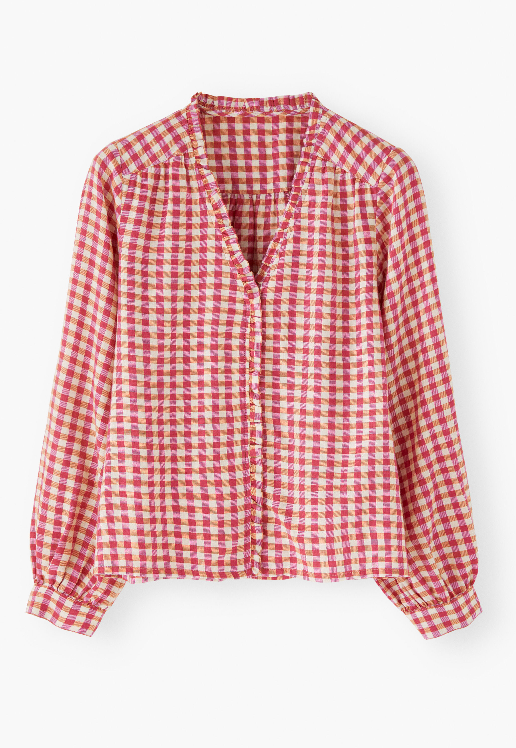 Frill gingham blouse, Berry orange, large
