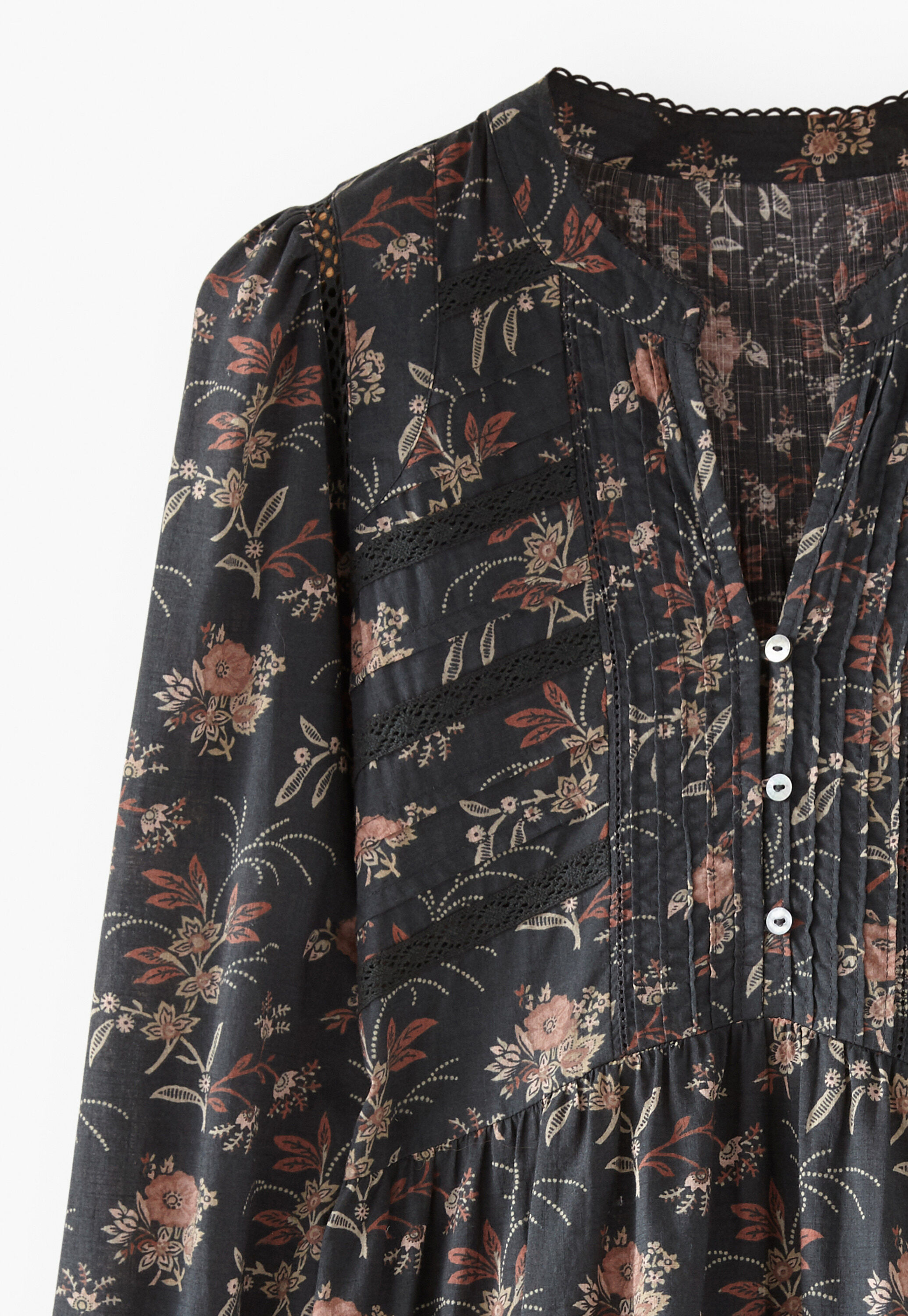 Lace-insert printed dress, Charcoal, large