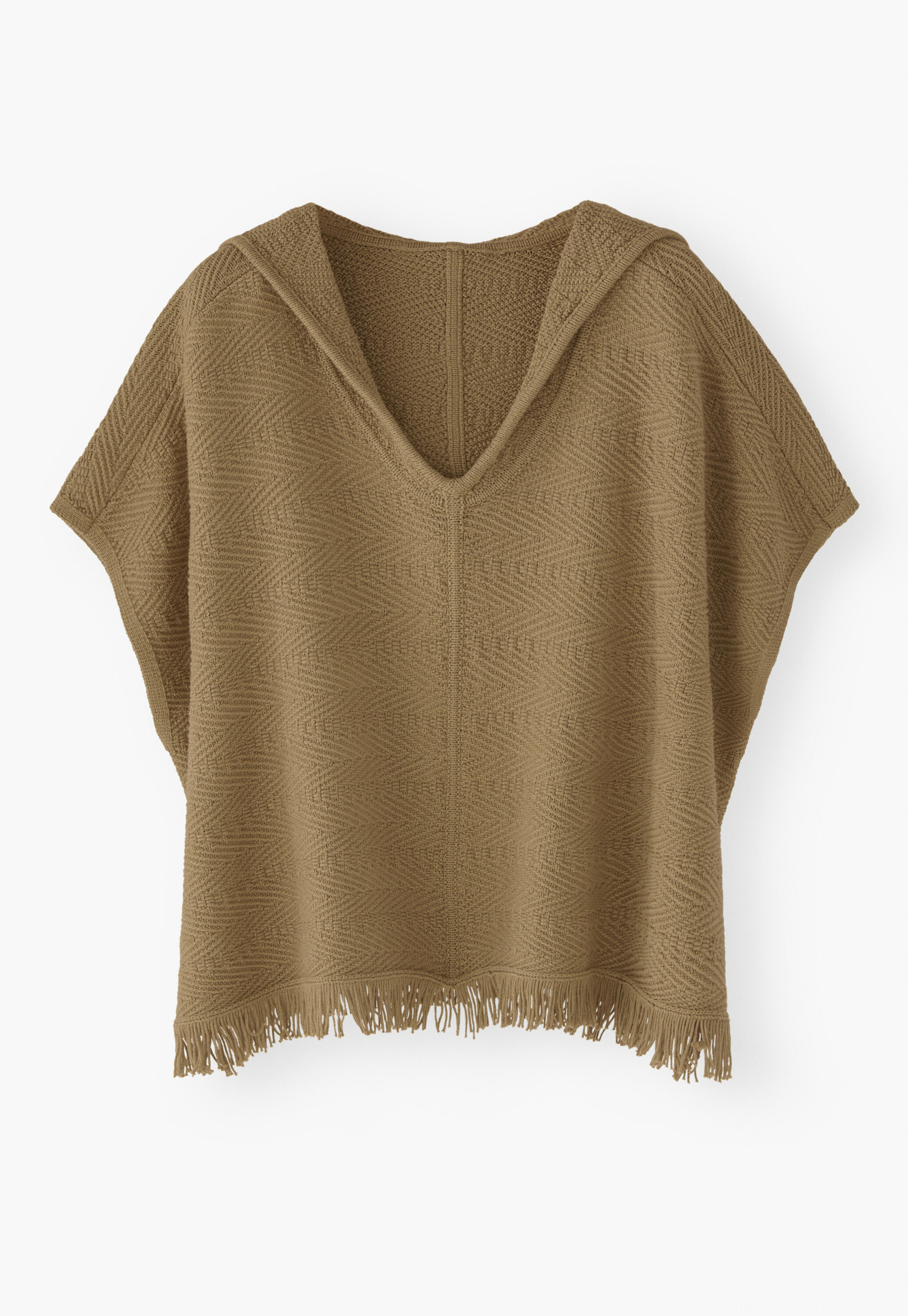 Herringbone-stitch hooded poncho, Khaki, large